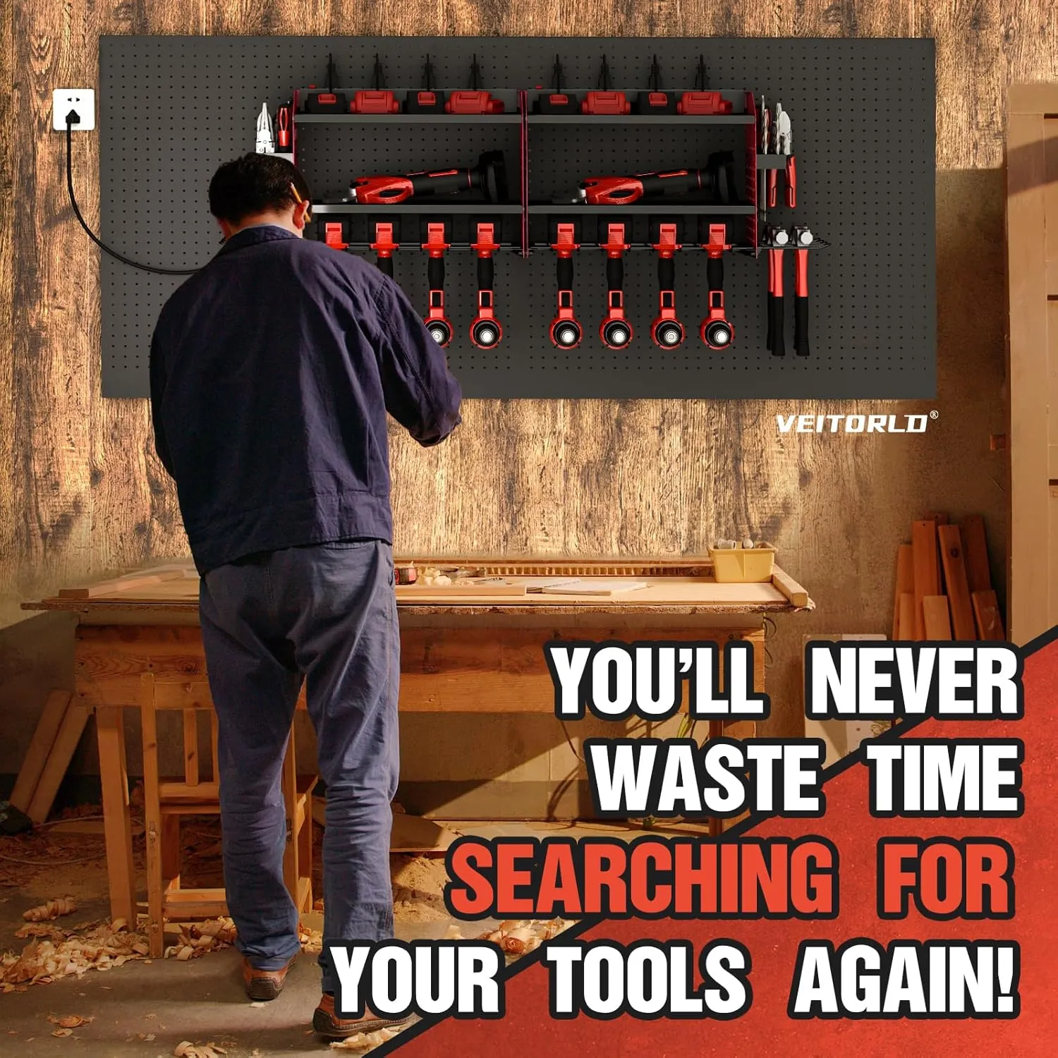 Veitorld Power Tool Organizer with Charging Station - 4 Drill Holders - Heavy Duty Modular Wall Mount Rack for Garage, Tool Storage Organizer - Gifts for Him Men Dad Husband Anniversary Fathers Day