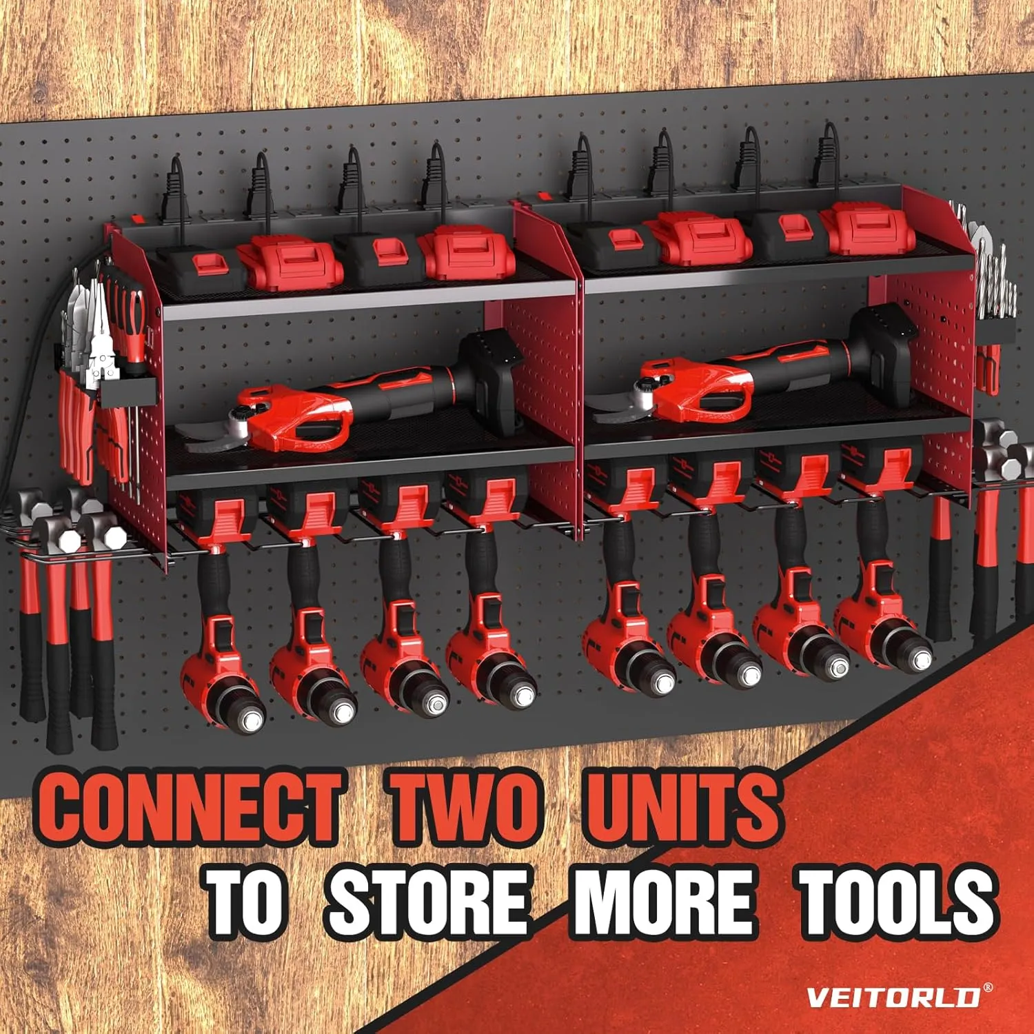 Veitorld Power Tool Organizer with Charging Station - 4 Drill Holders - Heavy Duty Modular Wall Mount Rack for Garage, Tool Storage Organizer - Gifts for Him Men Dad Husband Anniversary Fathers Day