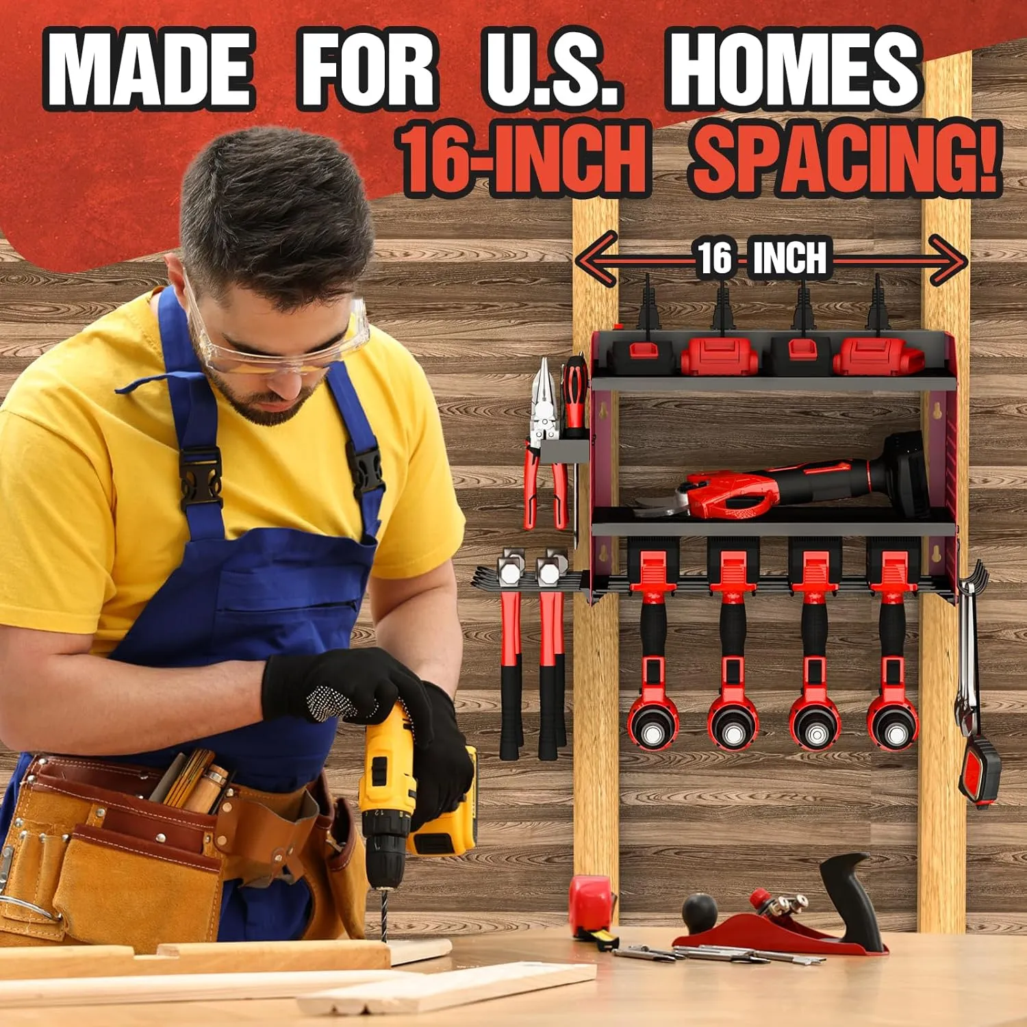 Veitorld Power Tool Organizer with Charging Station - 4 Drill Holders - Heavy Duty Modular Wall Mount Rack for Garage, Tool Storage Organizer - Gifts for Him Men Dad Husband Anniversary Fathers Day