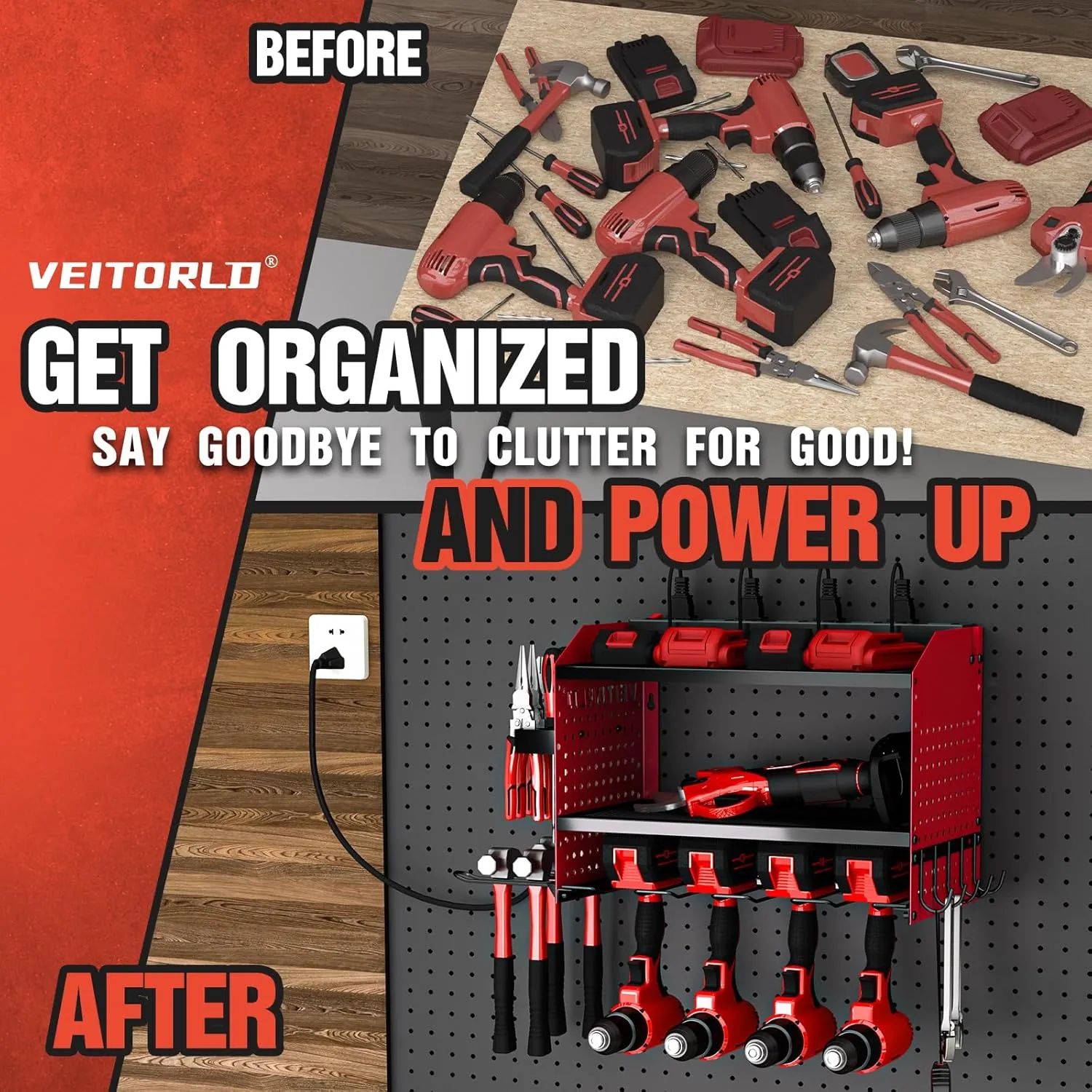 Veitorld Power Tool Organizer with Charging Station - 4 Drill Holders - Heavy Duty Modular Wall Mount Rack for Garage, Tool Storage Organizer - Gifts for Him Men Dad Husband Anniversary Fathers Day