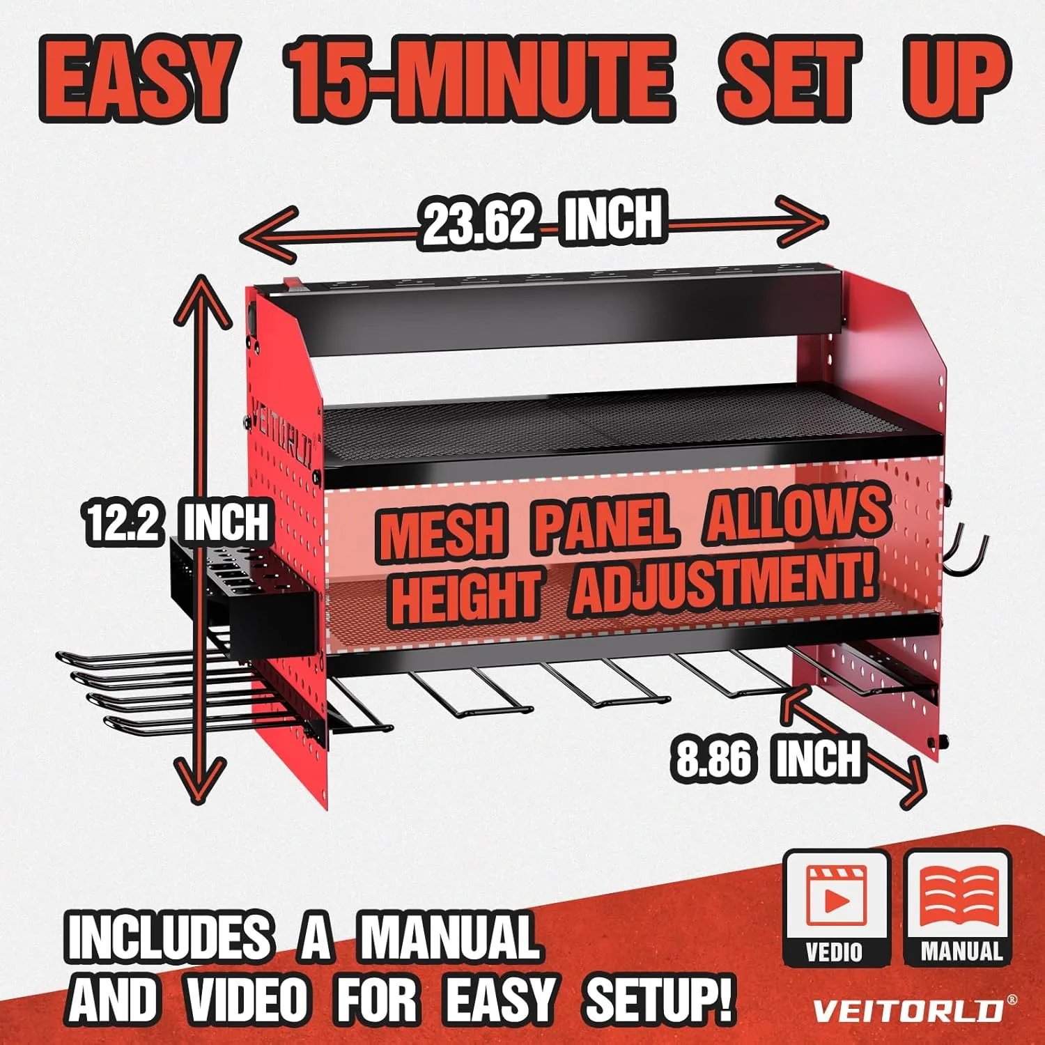 Veitorld Power Tool Organizer with Charging Station - 4 Drill Holders - Heavy Duty Modular Wall Mount Rack for Garage, Tool Storage Organizer - Gifts for Him Men Dad Husband Anniversary Fathers Day