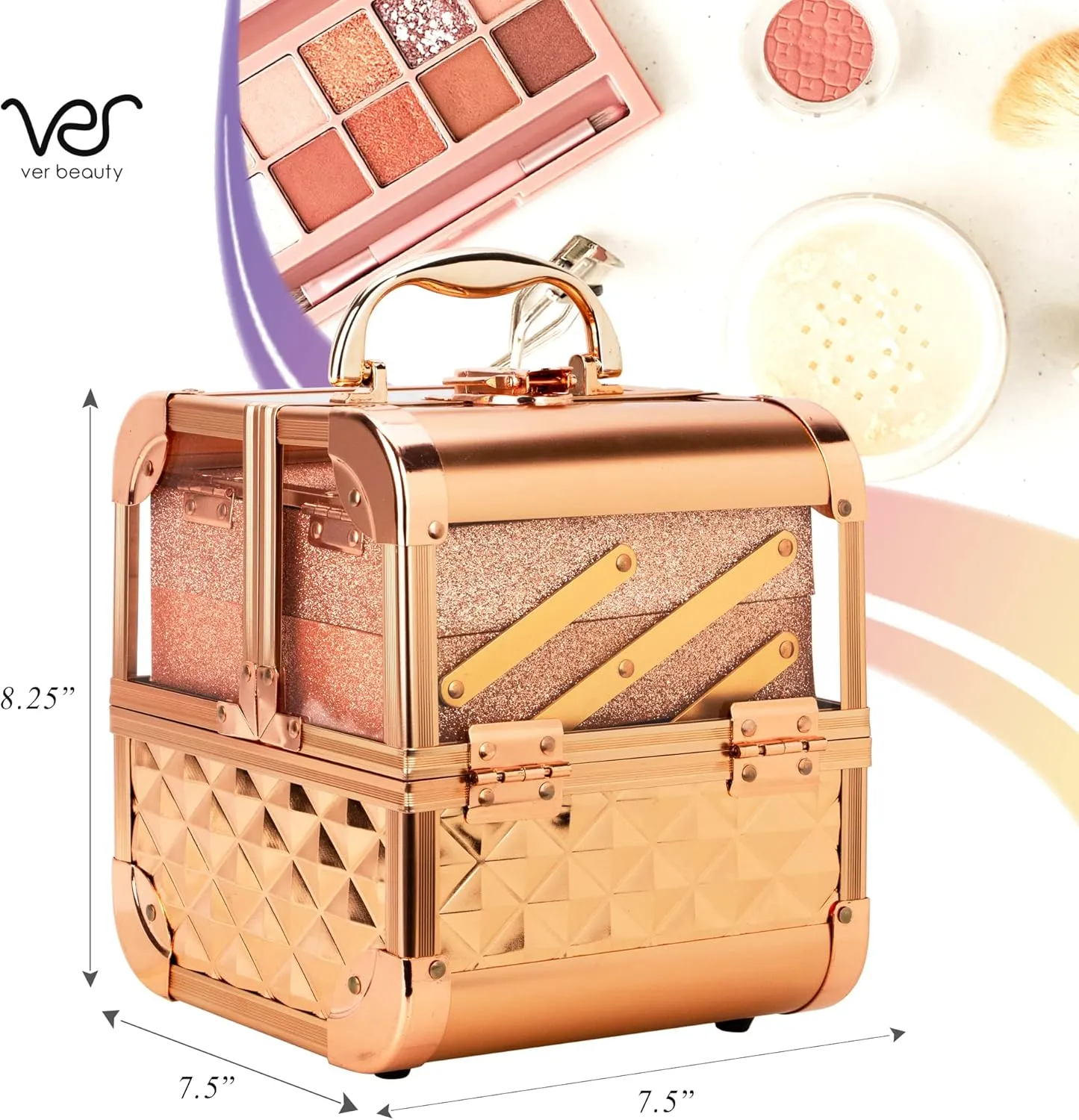 Ver Beauty Makeup Box Cosmetic Train Case with Clear Armored Acrylic Jewelry Organizer with 2 Tiers Trays and Mirror Lockable Portable Travel Cosmetic Display Aluminum Case (Rose Gold Diamond)