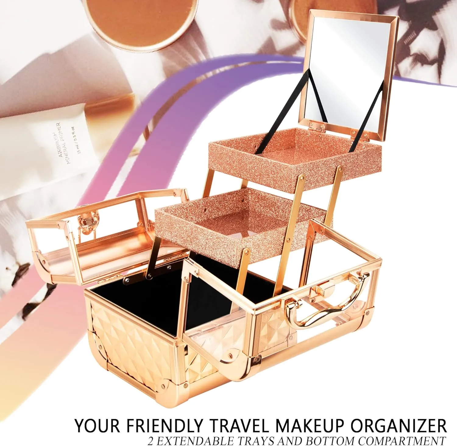 Ver Beauty Makeup Box Cosmetic Train Case with Clear Armored Acrylic Jewelry Organizer with 2 Tiers Trays and Mirror Lockable Portable Travel Cosmetic Display Aluminum Case (Rose Gold Diamond)