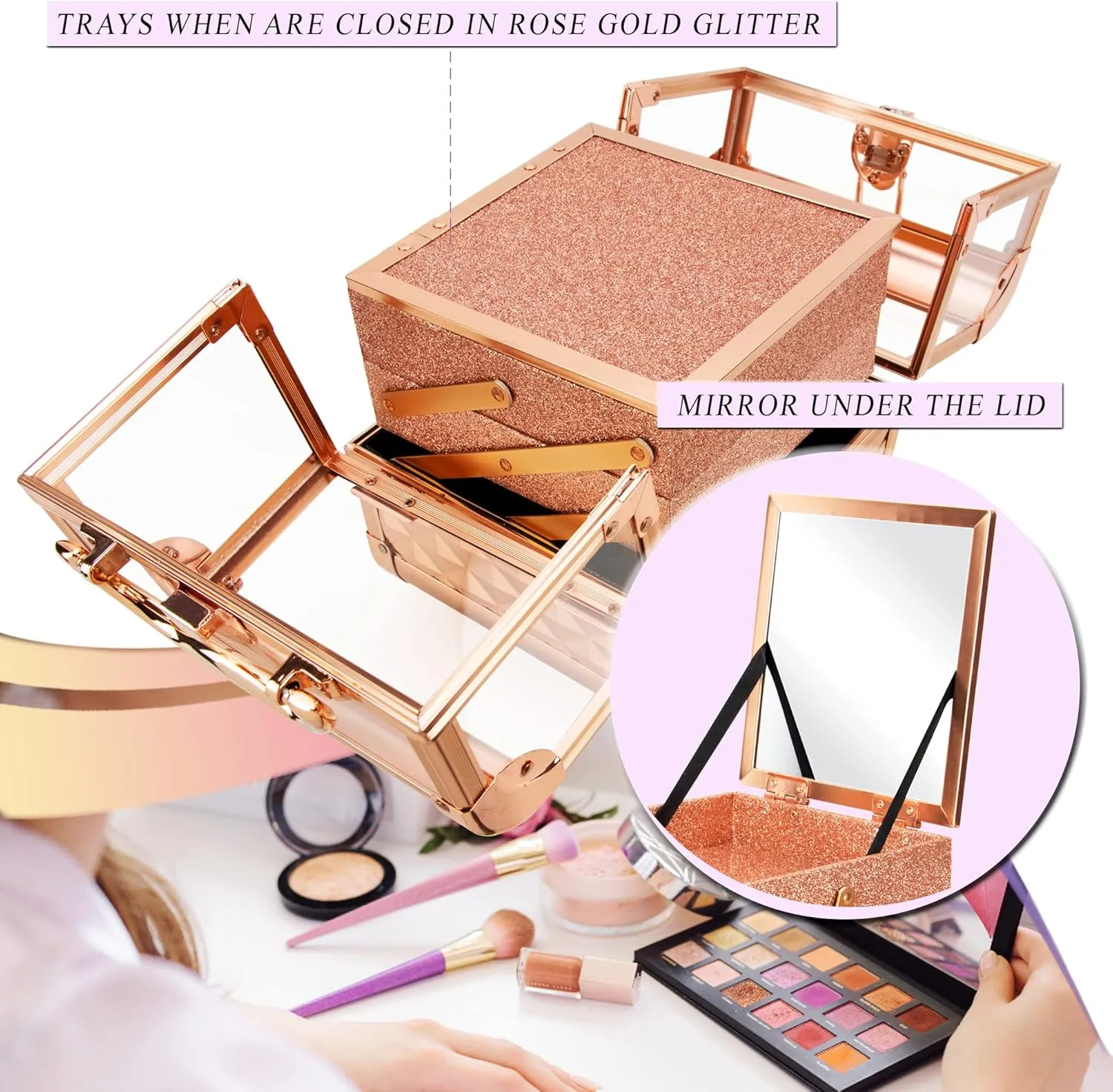 Ver Beauty Makeup Box Cosmetic Train Case with Clear Armored Acrylic Jewelry Organizer with 2 Tiers Trays and Mirror Lockable Portable Travel Cosmetic Display Aluminum Case (Rose Gold Diamond)
