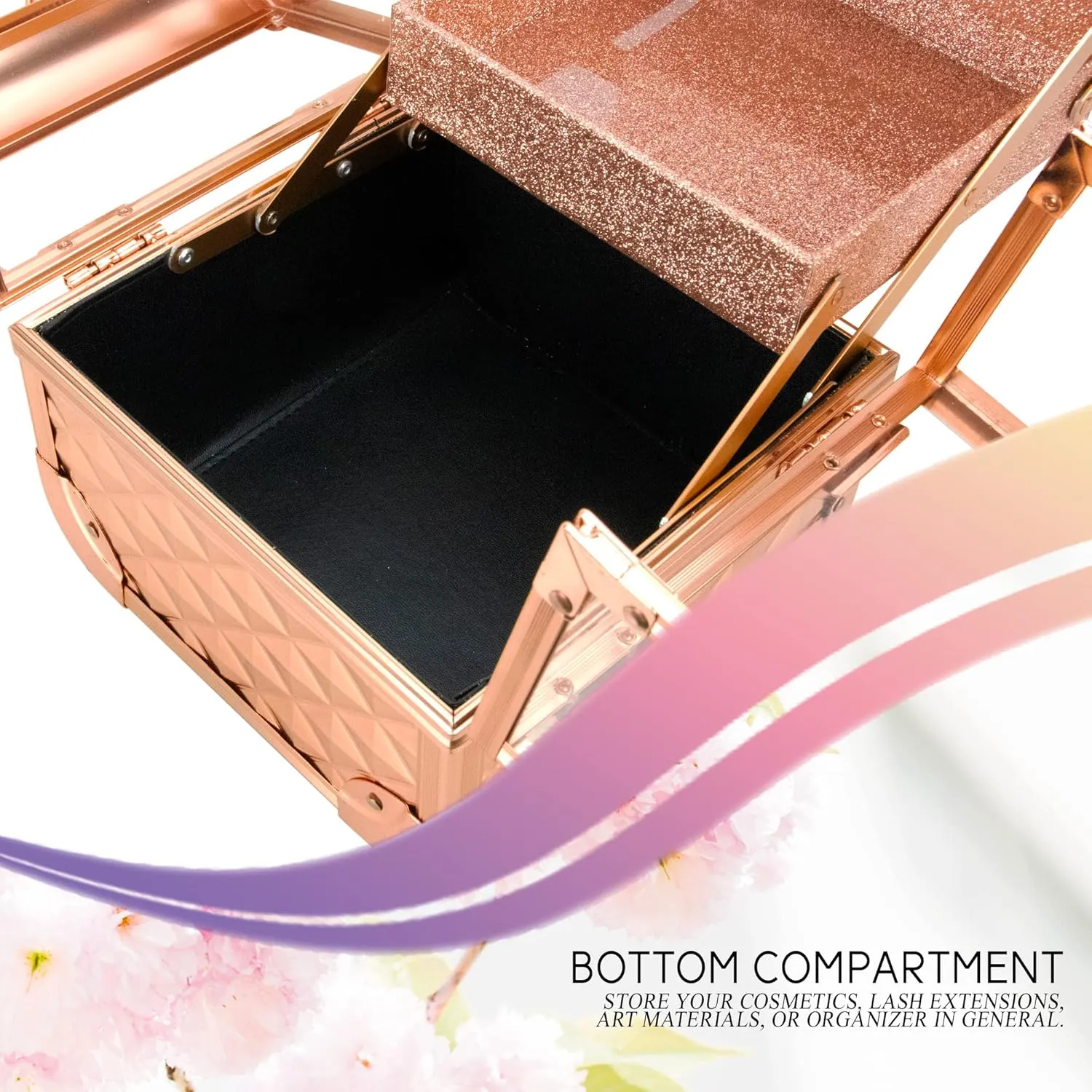 Ver Beauty Makeup Box Cosmetic Train Case with Clear Armored Acrylic Jewelry Organizer with 2 Tiers Trays and Mirror Lockable Portable Travel Cosmetic Display Aluminum Case (Rose Gold Diamond)