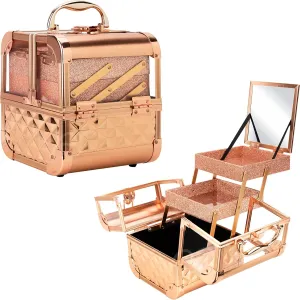 Ver Beauty Makeup Box Cosmetic Train Case with Clear Armored Acrylic Jewelry Organizer with 2 Tiers Trays and Mirror Lockable Portable Travel Cosmetic Display Aluminum Case (Rose Gold Diamond)