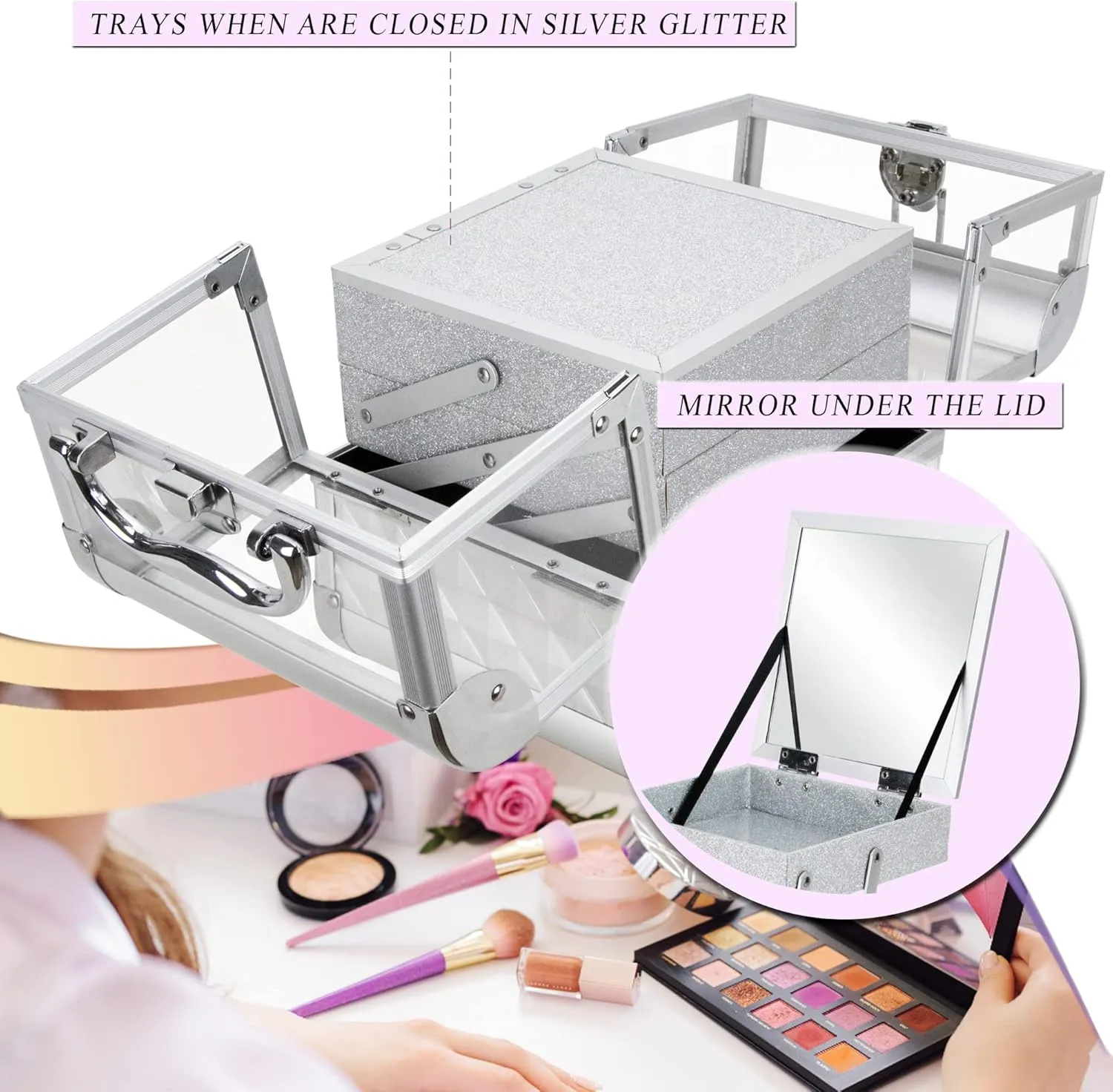 Ver Beauty Makeup Box Cosmetic Train Case with Clear Armored Acrylic Jewelry Organizer with 2 Tiers Trays and Mirror Lockable Portable Travel Cosmetic Display Aluminum Case (Silver Diamond)