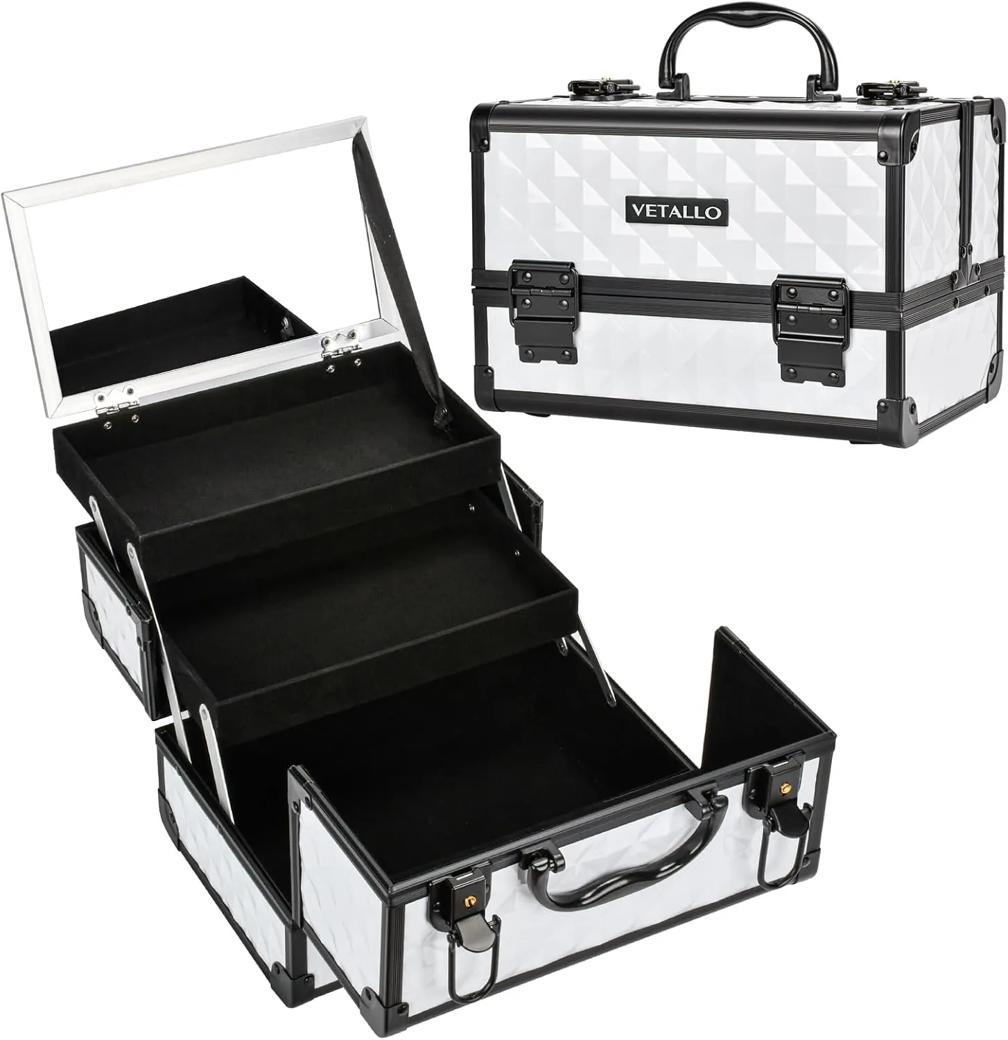 Vetalgo Lockable Makeup Organizer I Train Case I Box I Mirror I Large I Gifts For Her I White