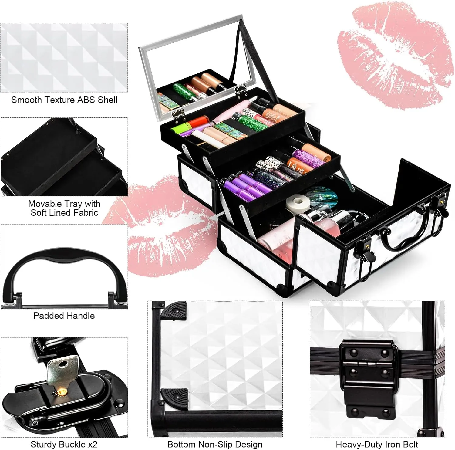Vetalgo Lockable Makeup Organizer I Train Case I Box I Mirror I Large I Gifts For Her I White