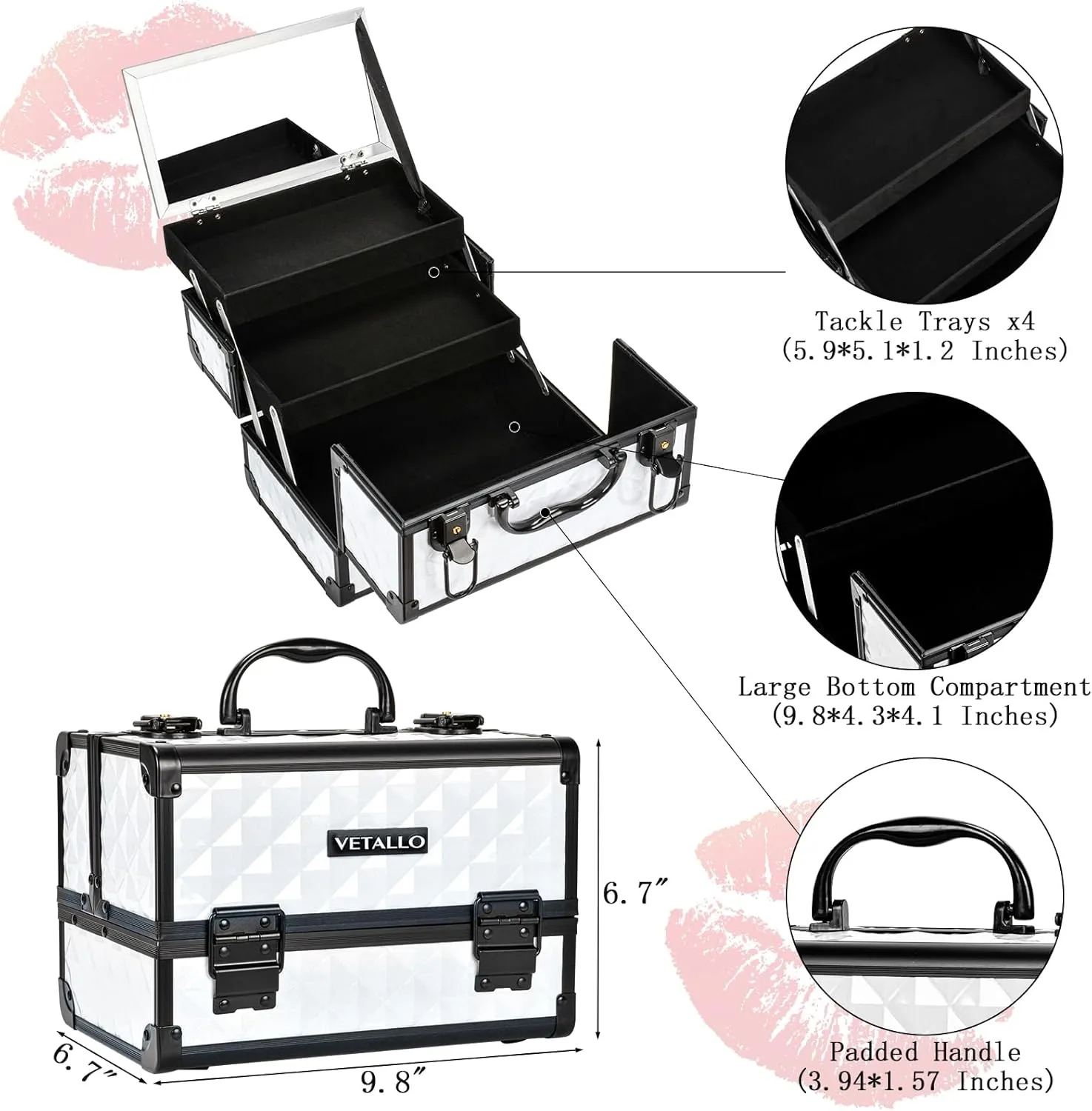 Vetalgo Lockable Makeup Organizer I Train Case I Box I Mirror I Large I Gifts For Her I White
