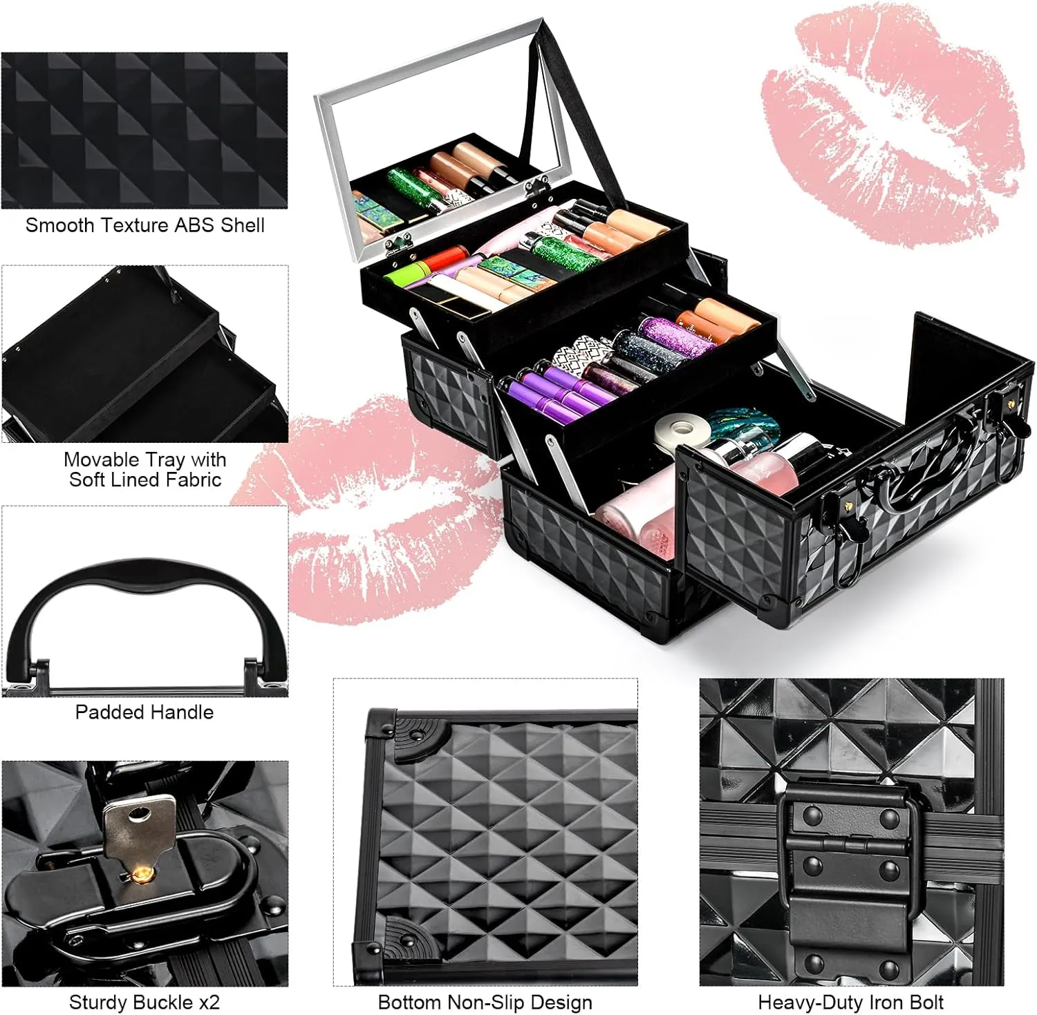 VETALLO Travel Makeup Box, Portable Makeup Cases I Make Up Box I Makeup Case Organizer I Makeup Case with Mirror I Large Makeup Organizer I Gifts for Her Women Bestie I Black