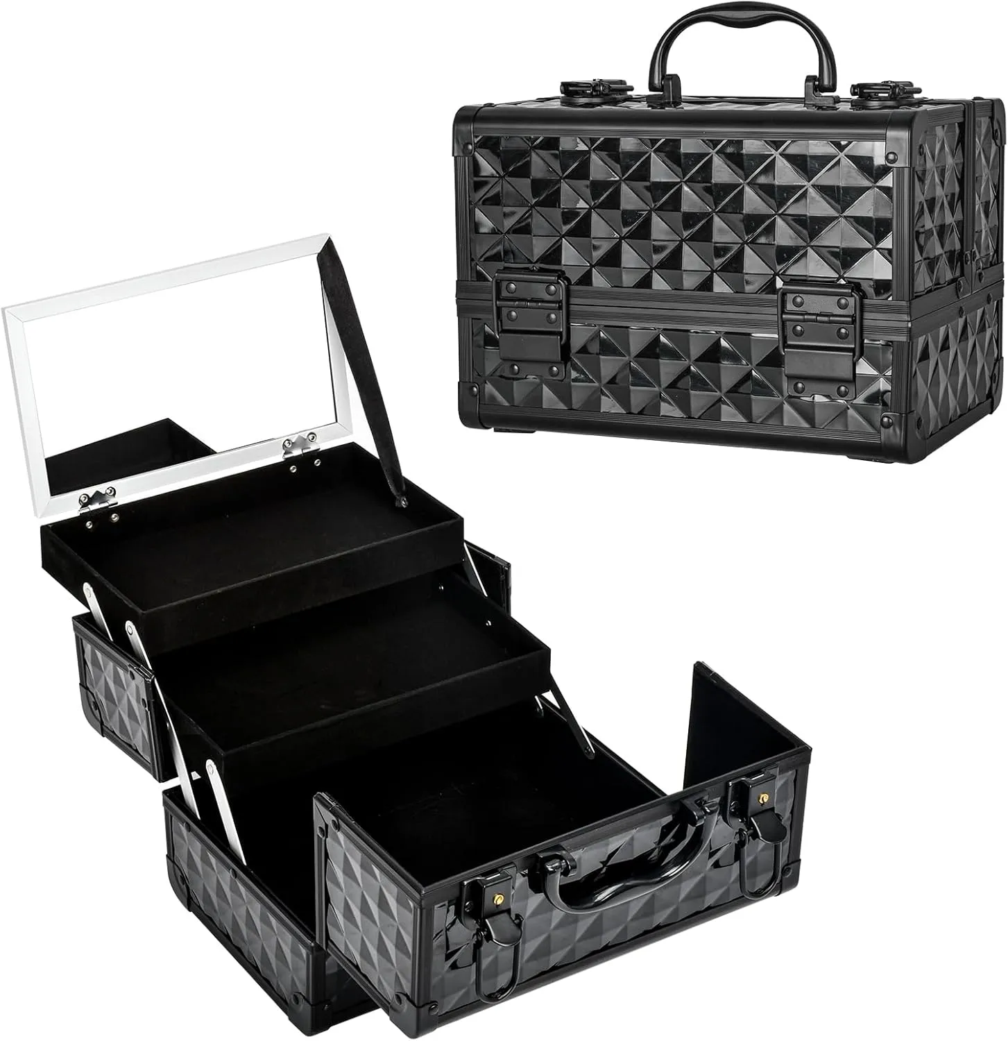 VETALLO Travel Makeup Box, Portable Makeup Cases I Make Up Box I Makeup Case Organizer I Makeup Case with Mirror I Large Makeup Organizer I Gifts for Her Women Bestie I Black