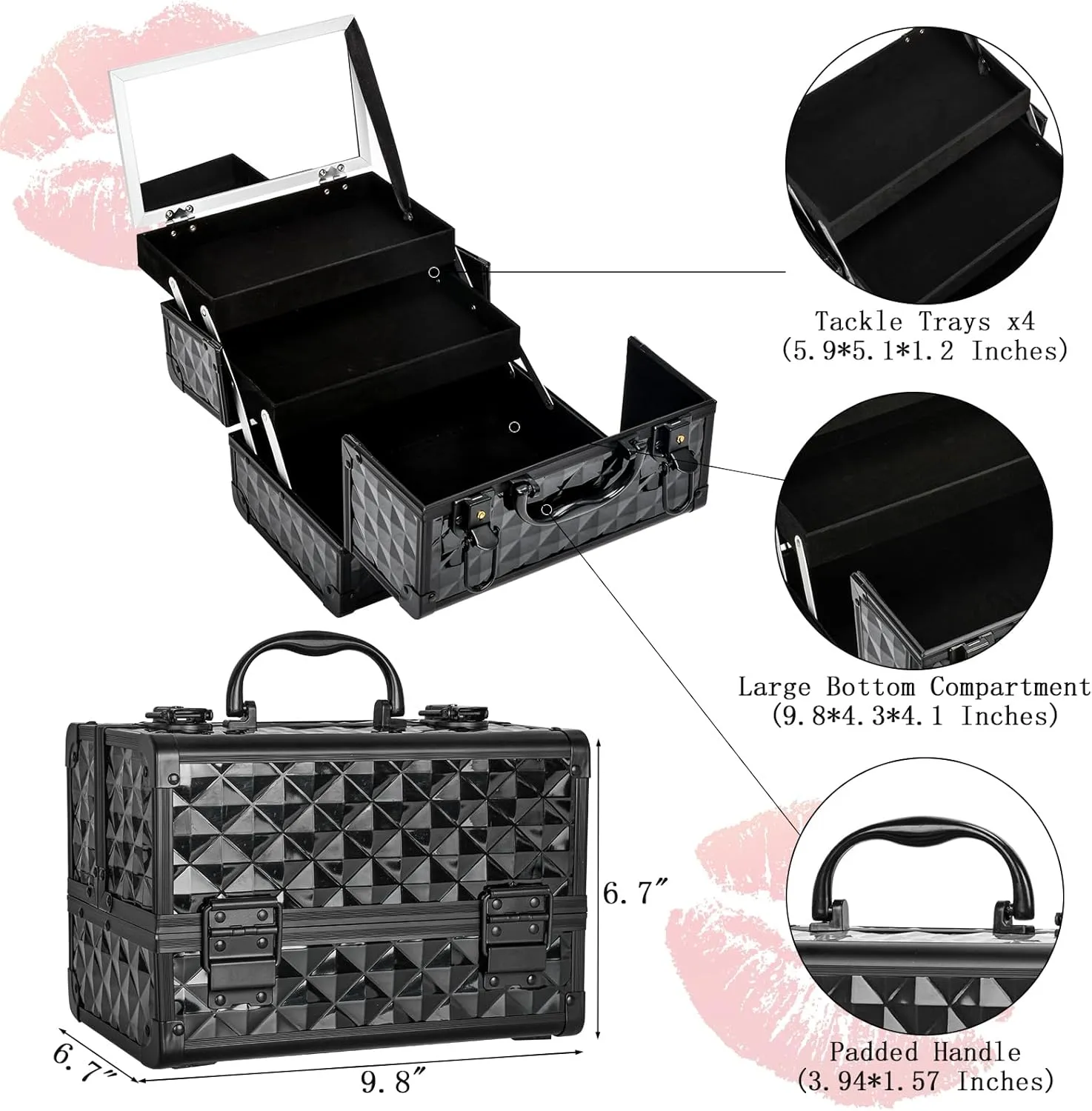 VETALLO Travel Makeup Box, Portable Makeup Cases I Make Up Box I Makeup Case Organizer I Makeup Case with Mirror I Large Makeup Organizer I Gifts for Her Women Bestie I Black