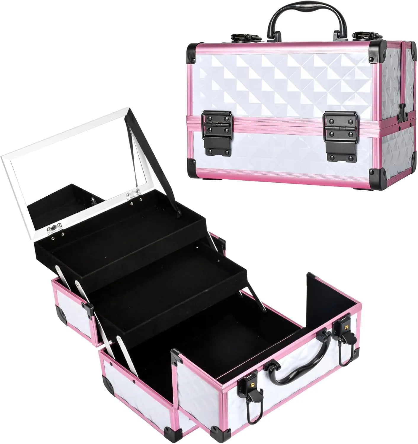 VETALLO Travel Makeup Train Case, Large Makeup Organizer I Makeup Bag with Mirror I Makeup Box Organizer and Storage I Makeup Train Case & Box Gifts for Women Mom Mother I White, White Pink