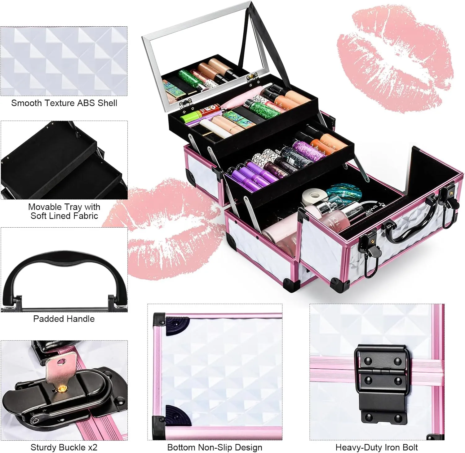 VETALLO Travel Makeup Train Case, Large Makeup Organizer I Makeup Bag with Mirror I Makeup Box Organizer and Storage I Makeup Train Case & Box Gifts for Women Mom Mother I White, White Pink