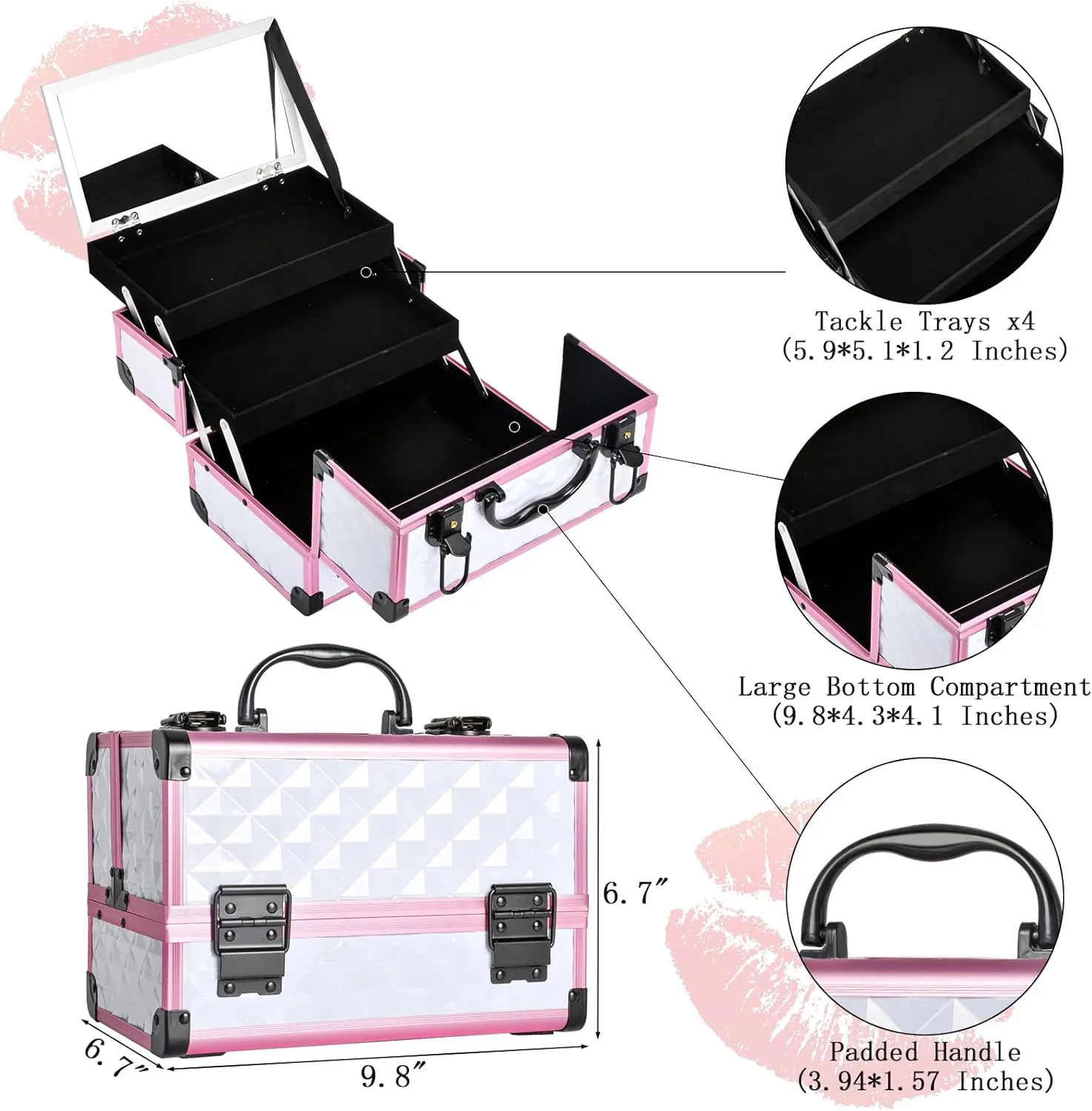 VETALLO Travel Makeup Train Case, Large Makeup Organizer I Makeup Bag with Mirror I Makeup Box Organizer and Storage I Makeup Train Case & Box Gifts for Women Mom Mother I White, White Pink