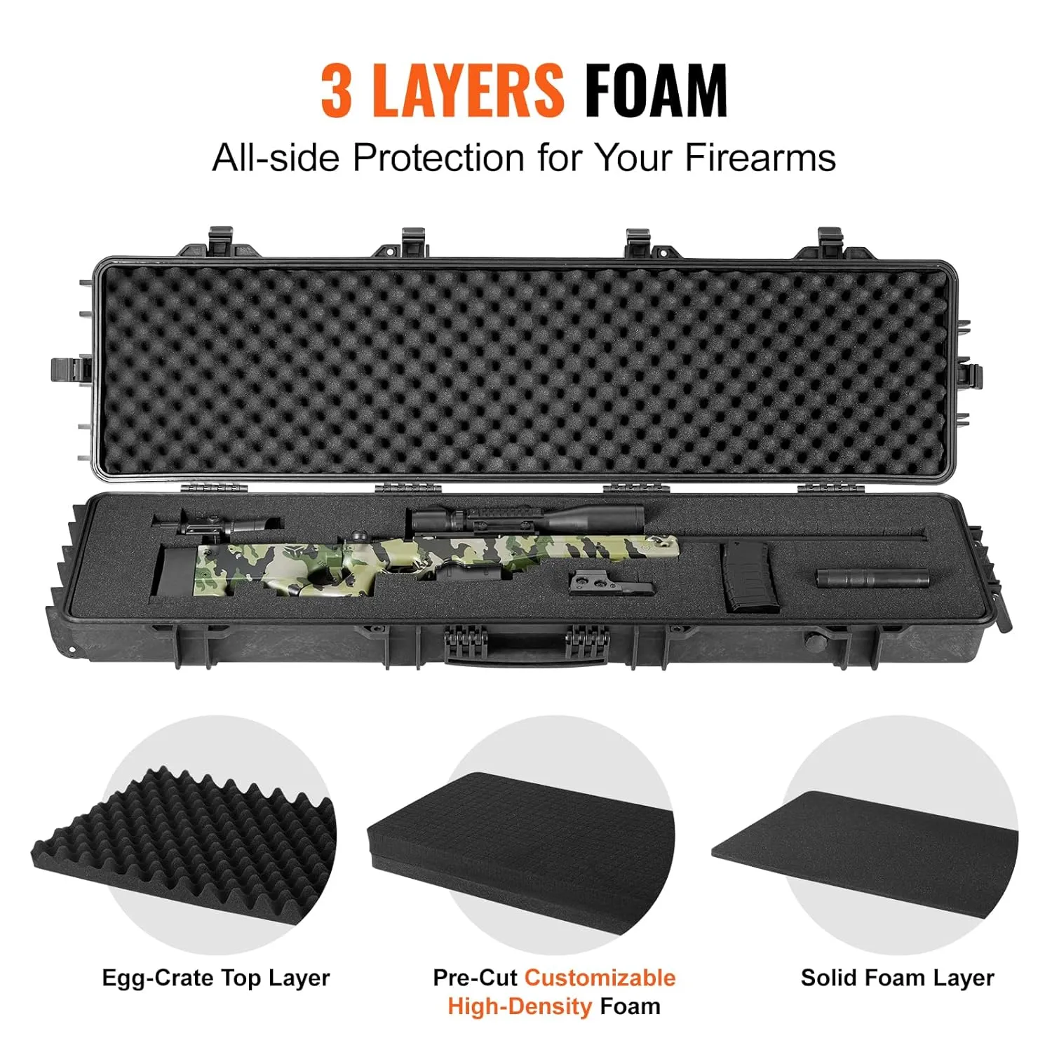 VEVOR Rifle Case, Rifle Hard Case with 3 Layers Fully-protective Foams, 50 inch Lockable Hard Gun Case with Wheels, IP67 Waterproof & Crushproof, for Two Rifles or Shotguns