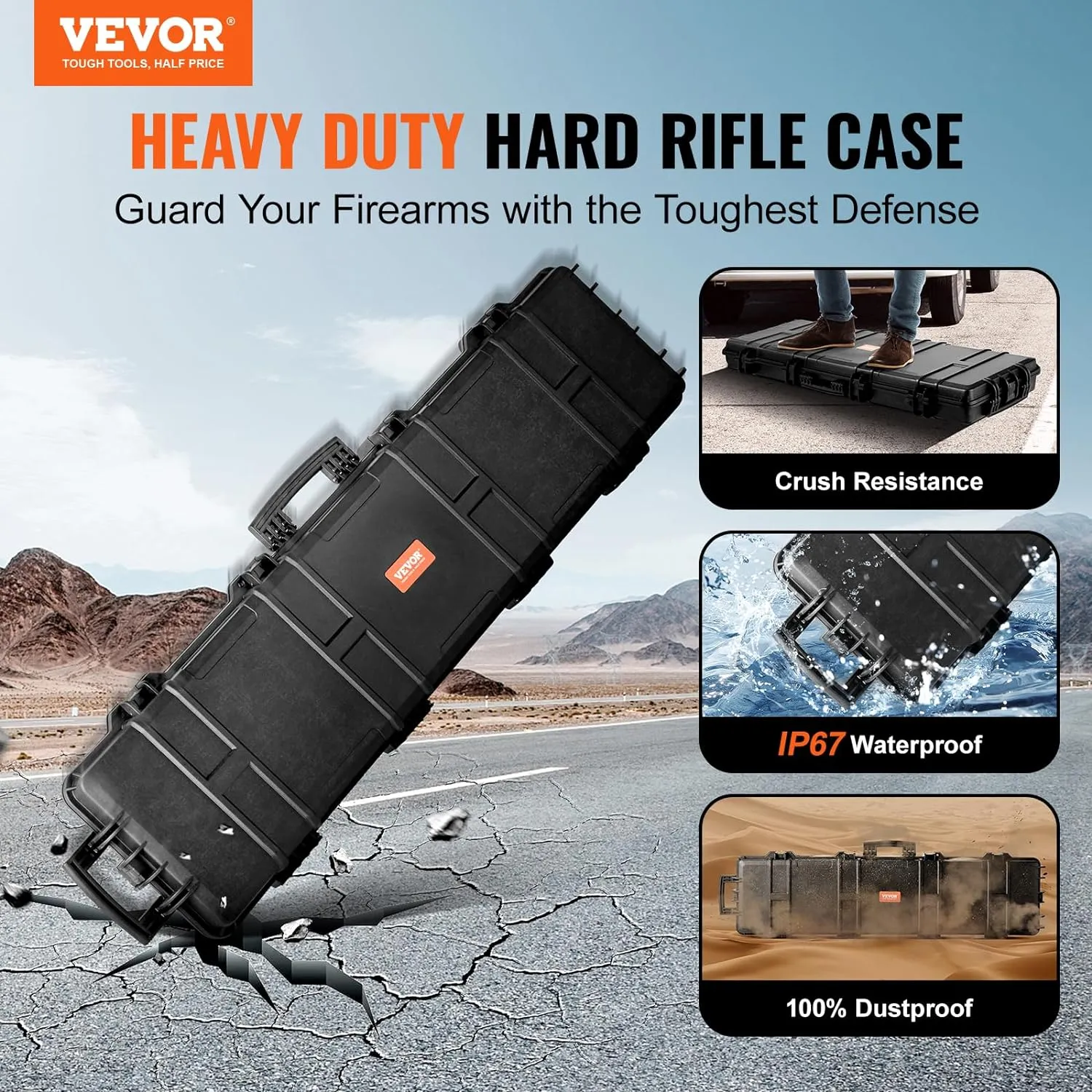 VEVOR Rifle Case, Rifle Hard Case with 3 Layers Fully-protective Foams, 50 inch Lockable Hard Gun Case with Wheels, IP67 Waterproof & Crushproof, for Two Rifles or Shotguns