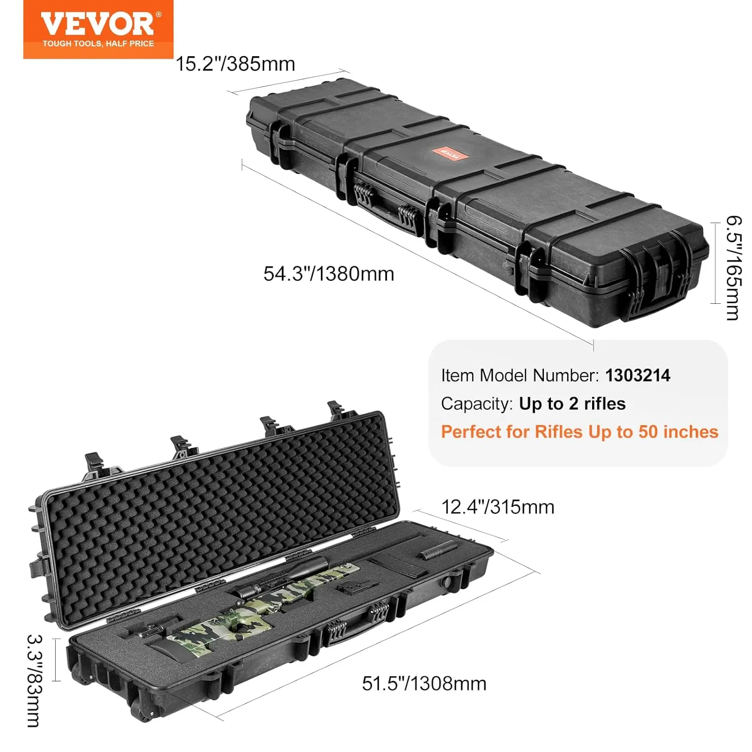 VEVOR Rifle Case, Rifle Hard Case with 3 Layers Fully-protective Foams, 50 inch Lockable Hard Gun Case with Wheels, IP67 Waterproof & Crushproof, for Two Rifles or Shotguns