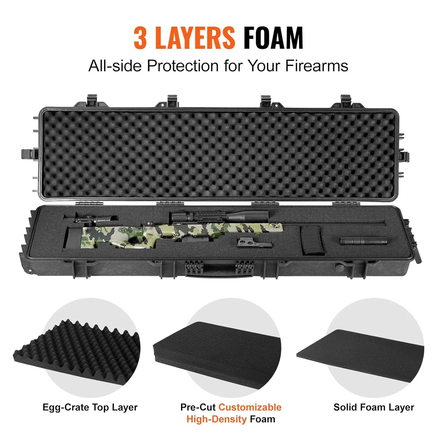 VEVOR Rifle Case, Rifle Hard Case with 3 Layers Fully-protective Foams, 50 inch Lockable Hard Gun Case with Wheels, IP67 Waterproof & Crushproof, for Two Rifles or Shotguns