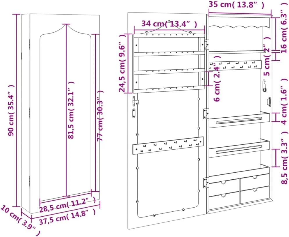vidaXL White Wall-Mounted Mirror Jewelry Cabinet with Lock and Key, Durable Engineered Wood Construction, Ample Storage Space, Practical Mirror, 14.8" x 3.9" x 35.4"