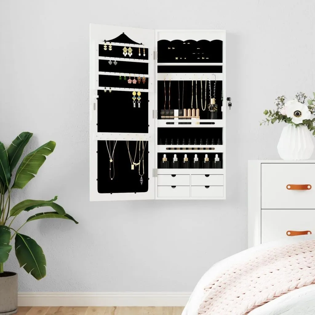 vidaXL White Wall-Mounted Mirror Jewelry Cabinet with Lock and Key, Durable Engineered Wood Construction, Ample Storage Space, Practical Mirror, 14.8" x 3.9" x 35.4"