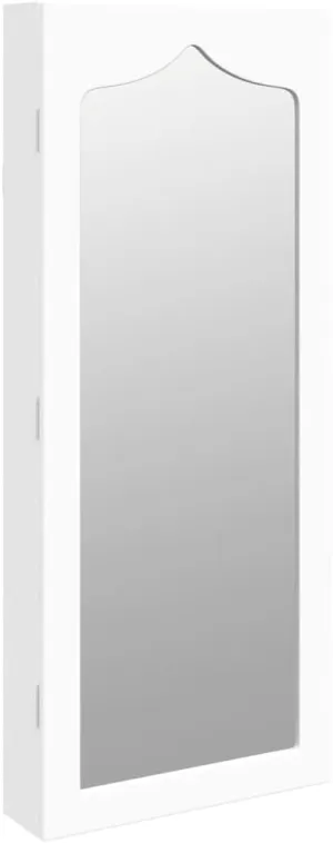 vidaXL White Wall-Mounted Mirror Jewelry Cabinet with Lock and Key, Durable Engineered Wood Construction, Ample Storage Space, Practical Mirror, 14.8" x 3.9" x 35.4"