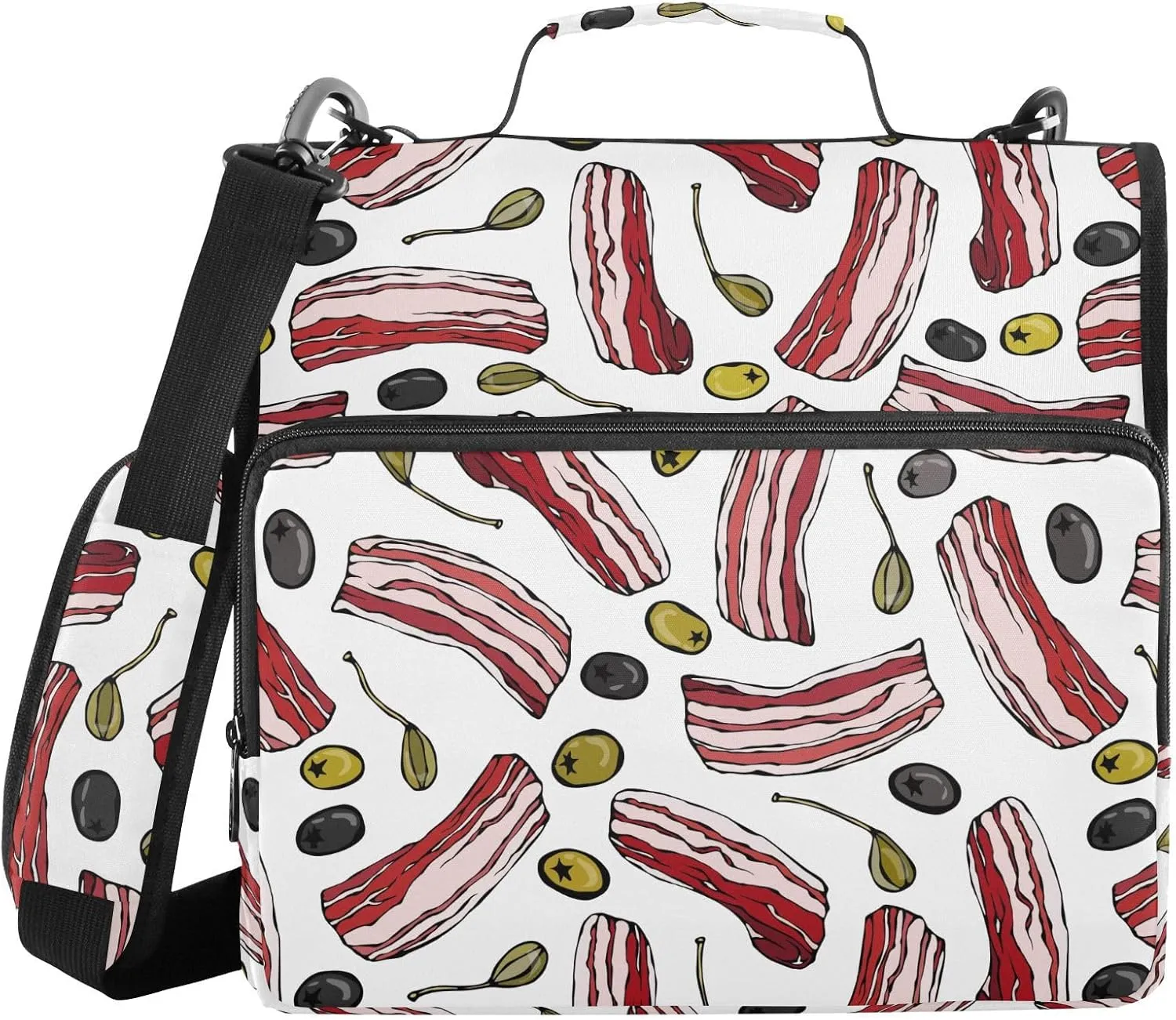 VIGTRO Pork Bacon Herbs Olives 1.5 Inch 3 Ring Case Zipper Binder Organizer with Shoulder Strap and Handle Multi-Pocket File Folder for Office Supplies