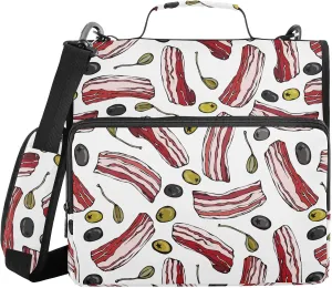 VIGTRO Pork Bacon Herbs Olives 1.5 Inch 3 Ring Case Zipper Binder Organizer with Shoulder Strap and Handle Multi-Pocket File Folder for Office Supplies