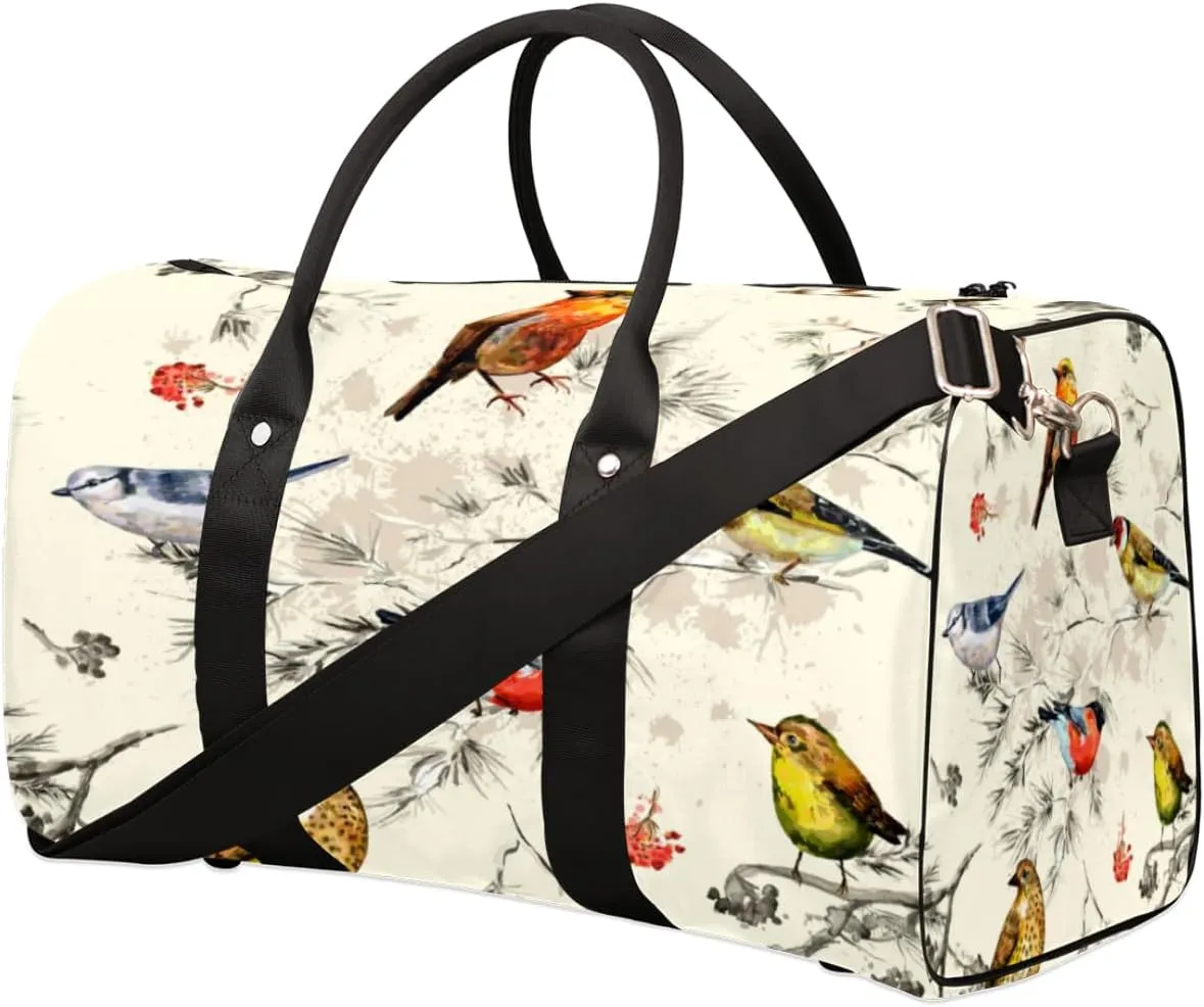 Vintage Bird Branch Travel Duffle Bag Waterproof Foldable Weekender Bags for Women and Men Durable Carry on Overnight Bag with Shoulder Strap Lightweight Sports Gym Tote Bag