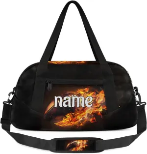 Vintage Burning American Football Custom Name Kids Duffle Bag for Boys, Personalized Sports Gym Duffel Lightweight Water Resistant Foldable Sports Gym Bag Weekender Overnight Sleepover Carry On Bag
