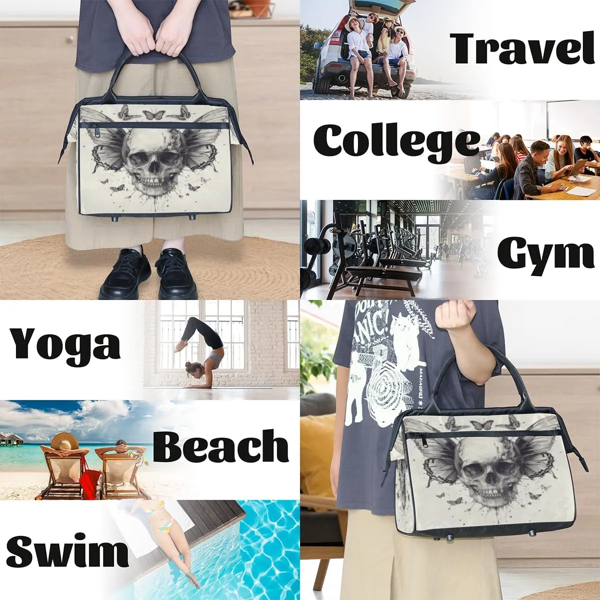 Vintage Skull Wings Butterflies Travel Duffle Bag, Waterproof Duffel Bag Weekender Overnight Carry On Bag Lightweight Sport Gym Bag for Men Women