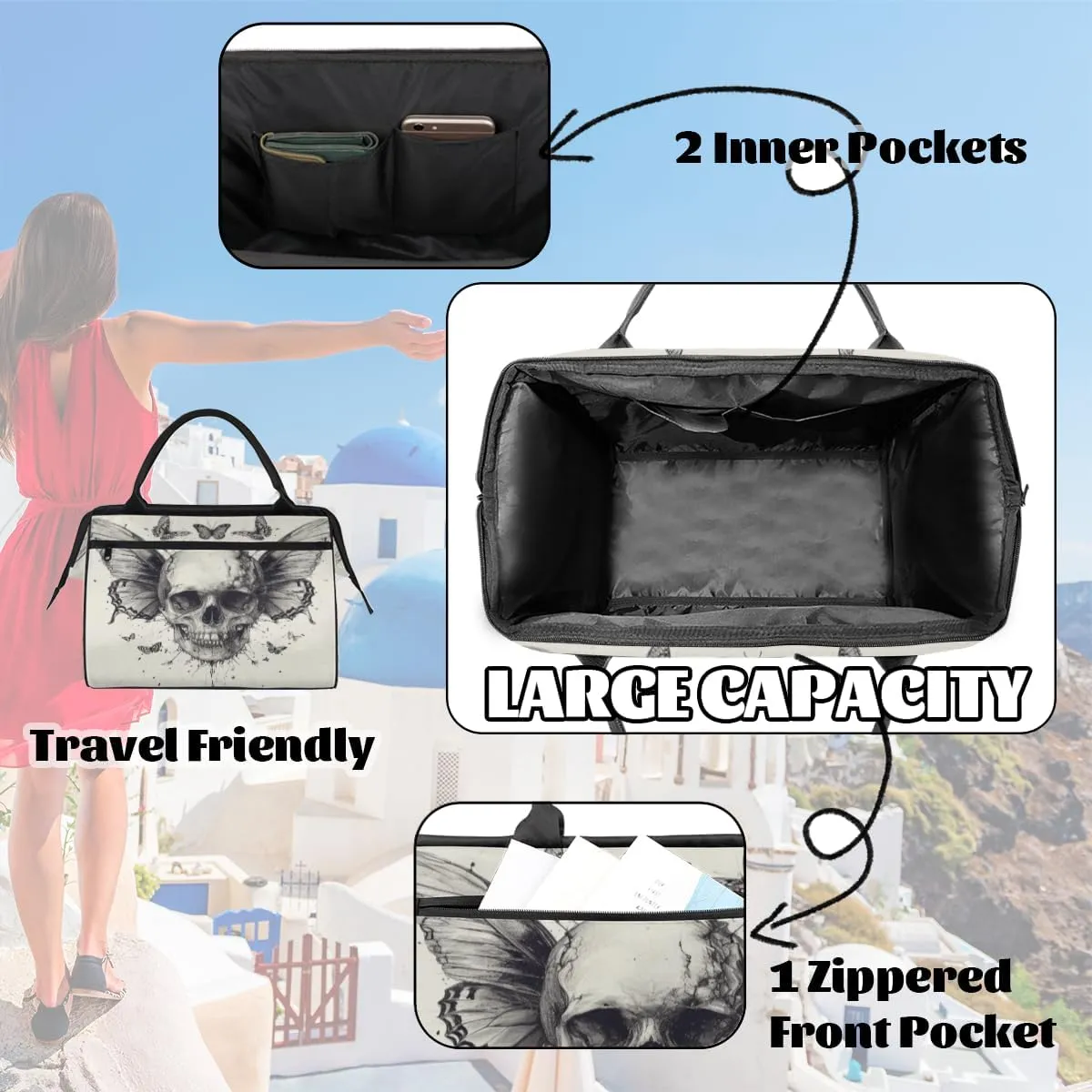 Vintage Skull Wings Butterflies Travel Duffle Bag, Waterproof Duffel Bag Weekender Overnight Carry On Bag Lightweight Sport Gym Bag for Men Women