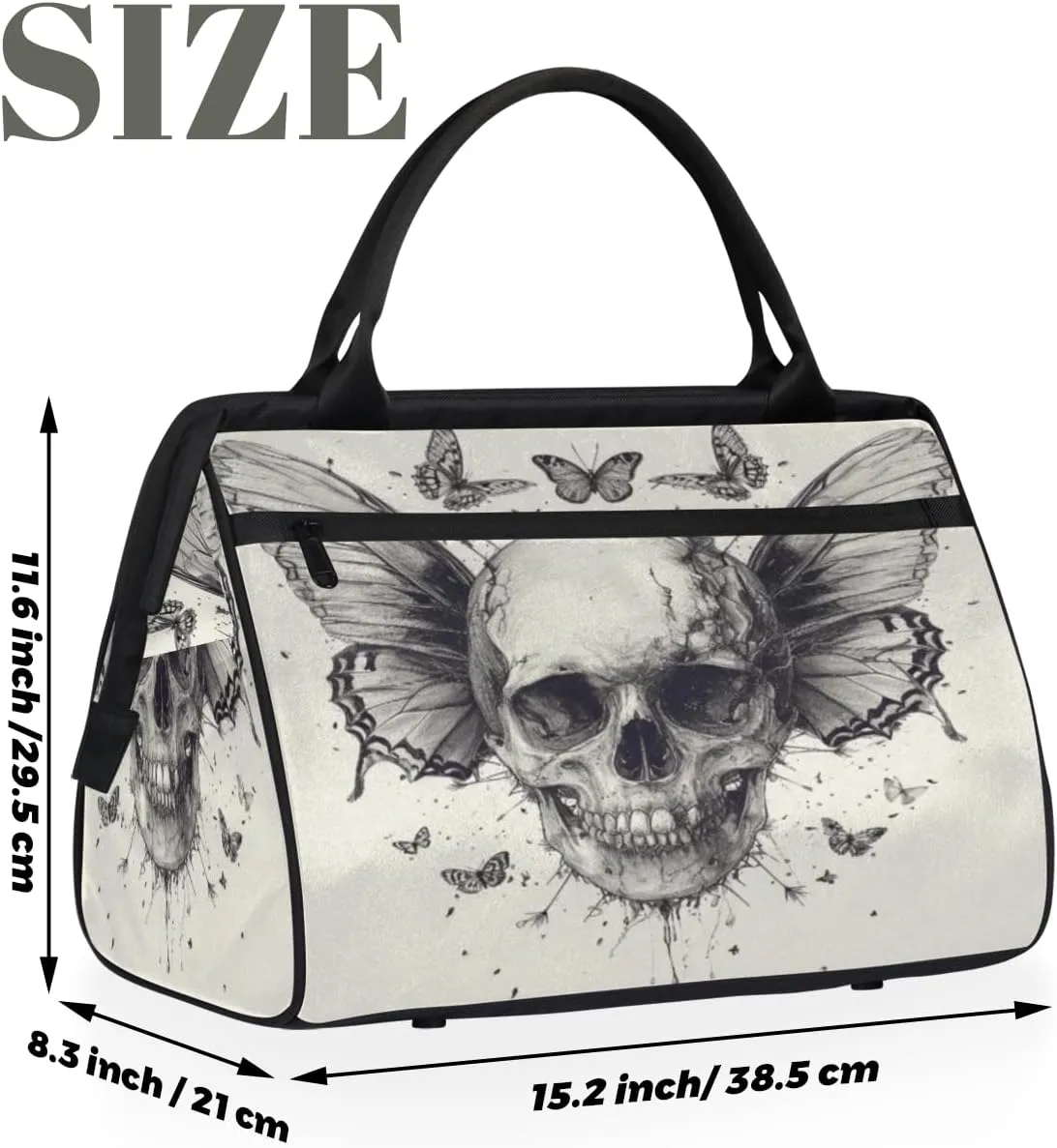 Vintage Skull Wings Butterflies Travel Duffle Bag, Waterproof Duffel Bag Weekender Overnight Carry On Bag Lightweight Sport Gym Bag for Men Women