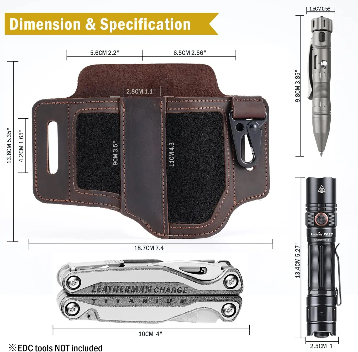 VIPERADE Leather Sheath for Belt, EDC Multitool Sheath, Leather Knife Sheath for Men, Flashlight Holster with Key Holder (Dark Brown-1)