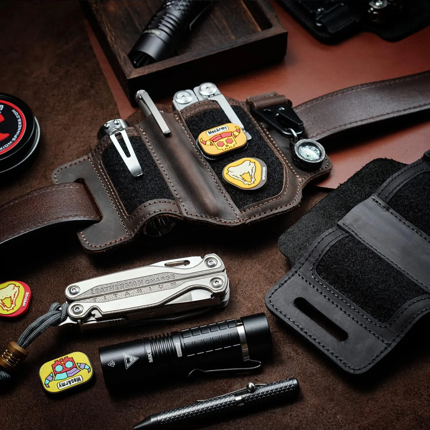 VIPERADE Leather Sheath for Belt, EDC Multitool Sheath, Leather Knife Sheath for Men, Flashlight Holster with Key Holder (Dark Brown-1)