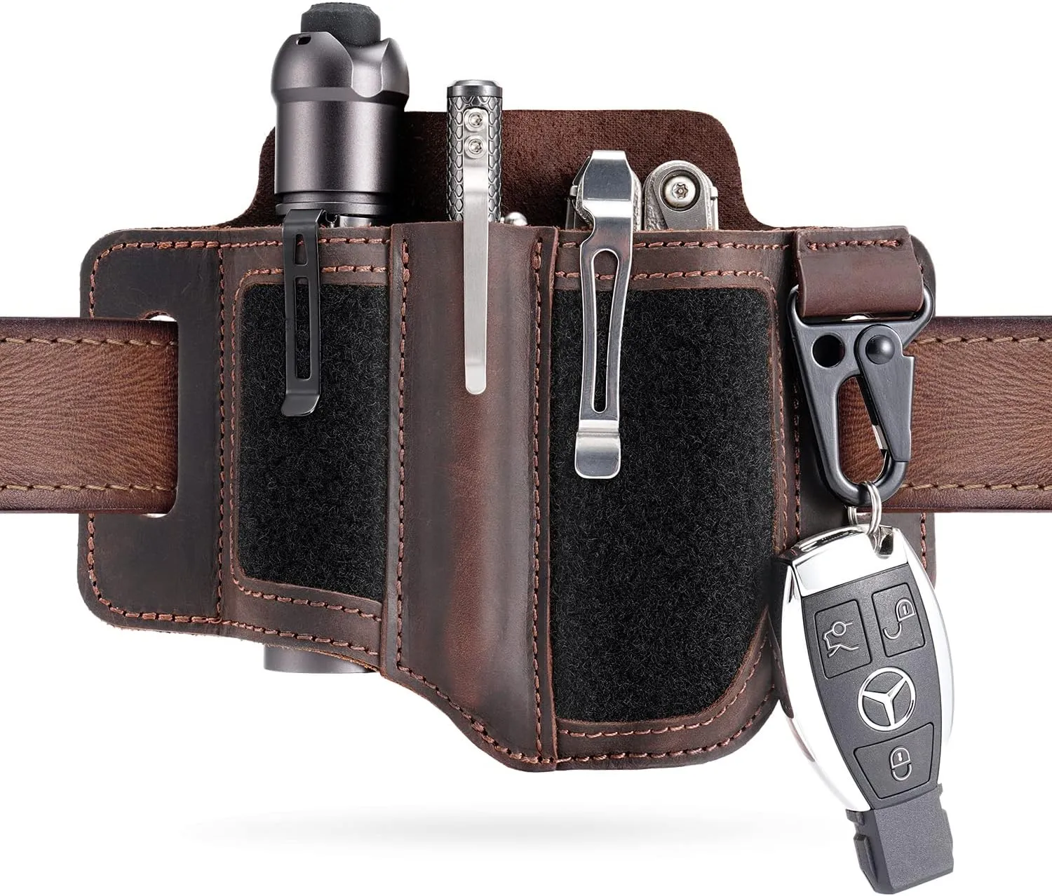 VIPERADE Leather Sheath for Belt, EDC Multitool Sheath, Leather Knife Sheath for Men, Flashlight Holster with Key Holder (Dark Brown-1)