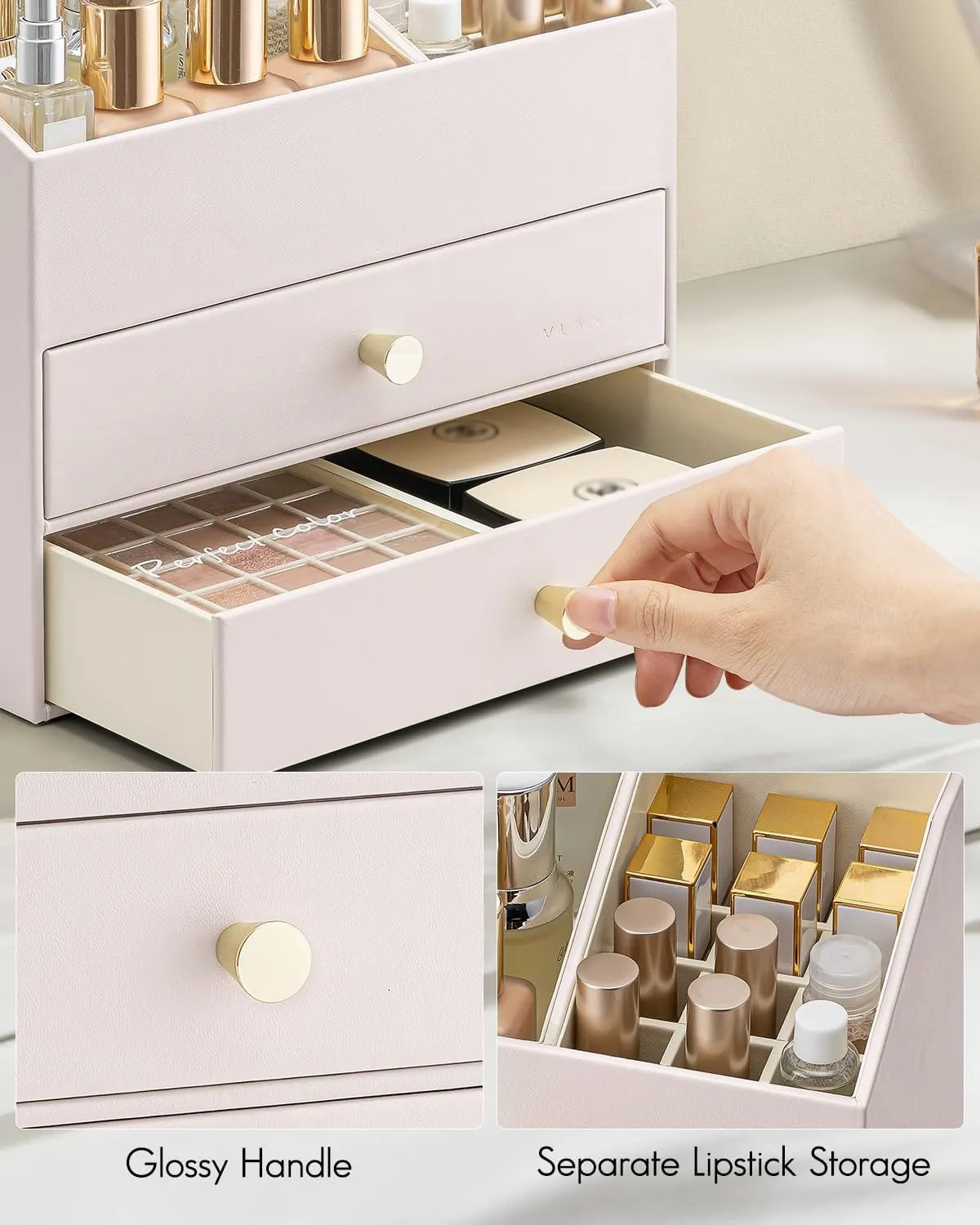 Vlando Makeup Organizer,Skincare Organizer for Vanity，PU Leather Make up Organizer with Drawers Cosmetic Display Case for Countertop,Bathroom,Gifts Ideas for Women (Apricot White)