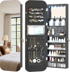 Vlsrka 47.2" LED Jewelry Cabinet Wall Mounted or Door Hanging, Rounded Corner Armoire Organizer, Lockable Full Length Mirror With Storage, Interior Mirror & Makeup Shelf (Black)