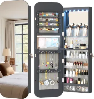 Vlsrka 47.2" LED Jewelry Cabinet - Wall Mounted or Door Hanging, Rounded Corner Armoire Organizer, Lockable Full Length Mirror with Storage, Interior Mirror & Makeup Shelf (Grey)