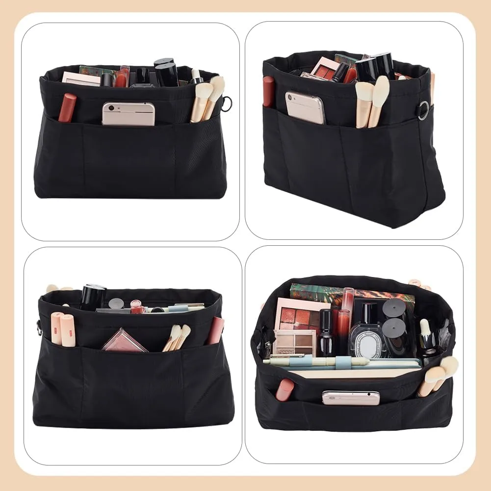 WADORN Nylon Handbag Organizer Insert, Tote Bag Organizer Insert Multi-Pocket Bag Organizer Inside Large Bag Divider Zipper Insert Bag Liner Storage Travel Bag in Bag, 14.76x4.72x7.87 inch, Black