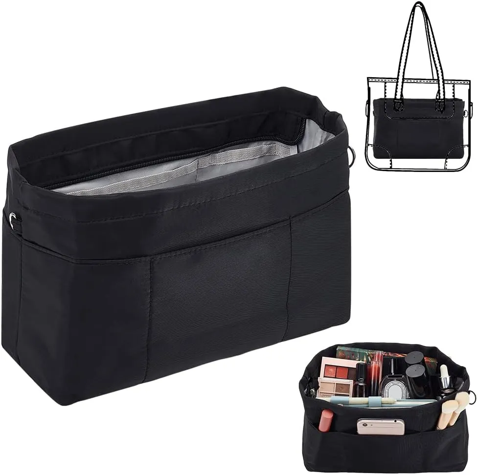 WADORN Nylon Handbag Organizer Insert, Tote Bag Organizer Insert Multi-Pocket Bag Organizer Inside Large Bag Divider Zipper Insert Bag Liner Storage Travel Bag in Bag, 14.76x4.72x7.87 inch, Black