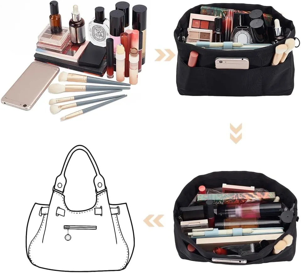 WADORN Nylon Handbag Organizer Insert, Tote Bag Organizer Insert Multi-Pocket Bag Organizer Inside Large Bag Divider Zipper Insert Bag Liner Storage Travel Bag in Bag, 14.76x4.72x7.87 inch, Black