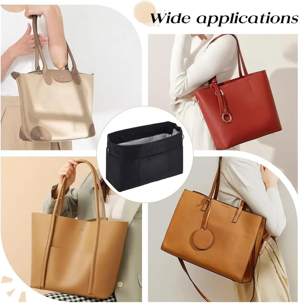 WADORN Nylon Handbag Organizer Insert, Tote Bag Organizer Insert Multi-Pocket Bag Organizer Inside Large Bag Divider Zipper Insert Bag Liner Storage Travel Bag in Bag, 14.76x4.72x7.87 inch, Black