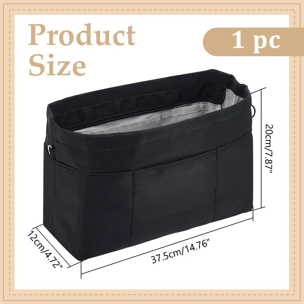WADORN Nylon Handbag Organizer Insert, Tote Bag Organizer Insert Multi-Pocket Bag Organizer Inside Large Bag Divider Zipper Insert Bag Liner Storage Travel Bag in Bag, 14.76x4.72x7.87 inch, Black