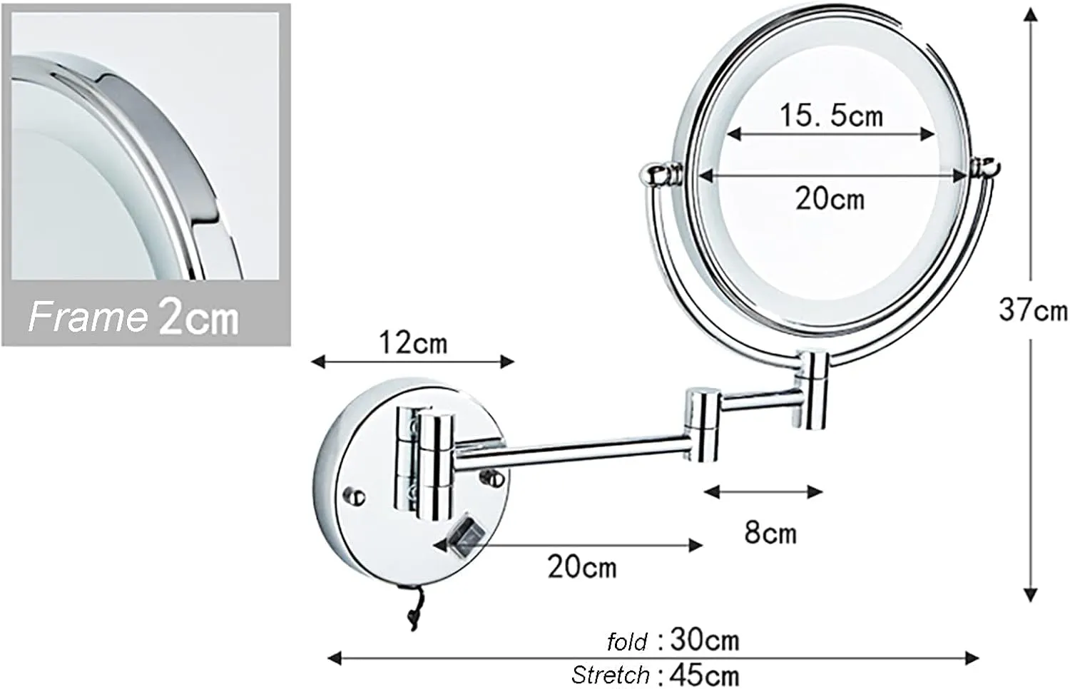Wall Mirror, Double Glazing, LED Expansion Mirror, 5X Expansion Mirror, Wall-Mounted Makeup Mirror, Folding Mirror, 360 Degree Rotating Bathroom Mirror(Silver)