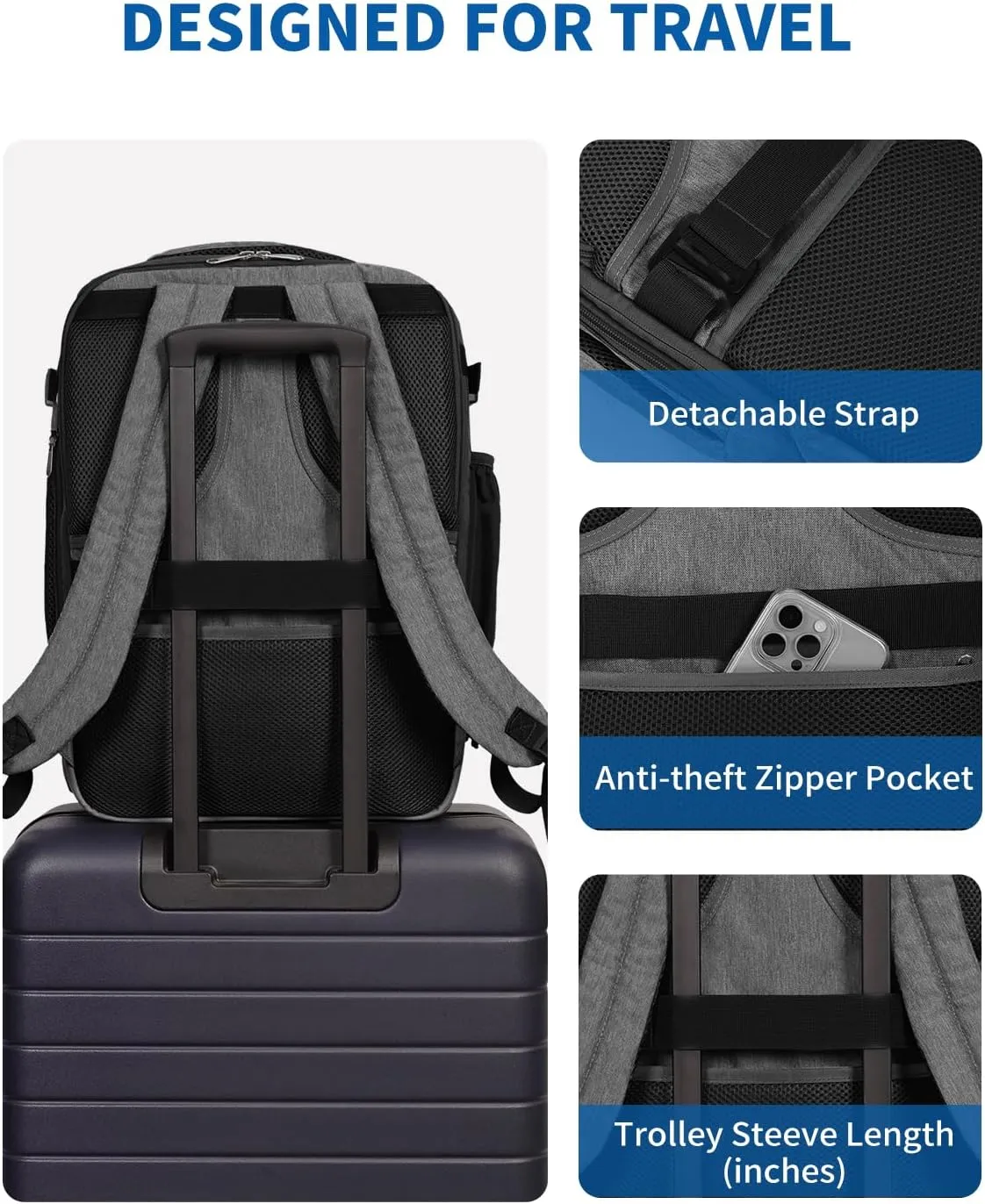 WANDF Expandable 17 Inch Laptop Travel Backpack For Spirit Airlines Personal Item Bag 18x14x8 with Wet Pocket for Men Women (Grayish Lead)
