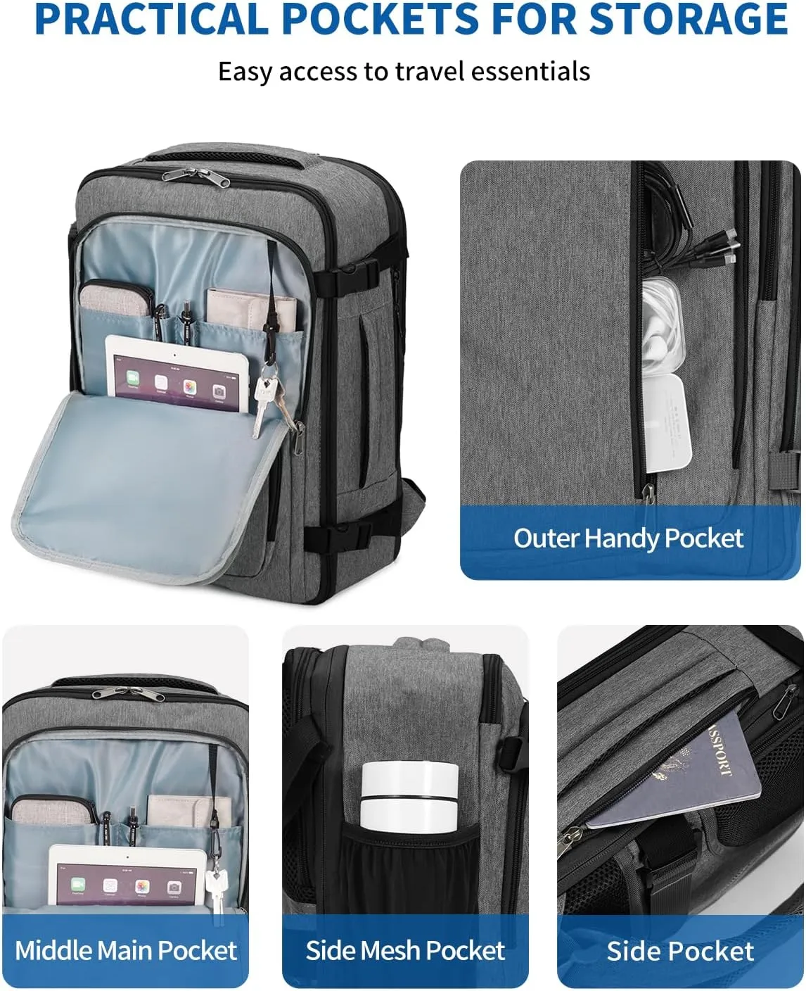 WANDF Expandable 17 Inch Laptop Travel Backpack For Spirit Airlines Personal Item Bag 18x14x8 with Wet Pocket for Men Women (Grayish Lead)