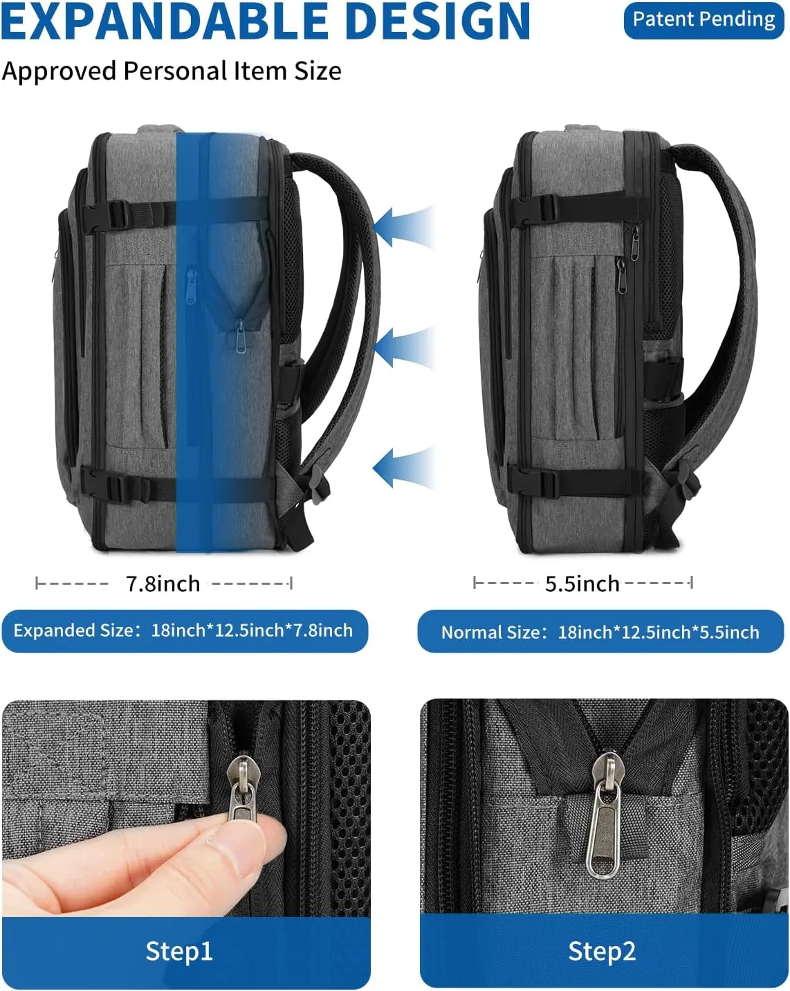 WANDF Expandable 17 Inch Laptop Travel Backpack For Spirit Airlines Personal Item Bag 18x14x8 with Wet Pocket for Men Women (Grayish Lead)