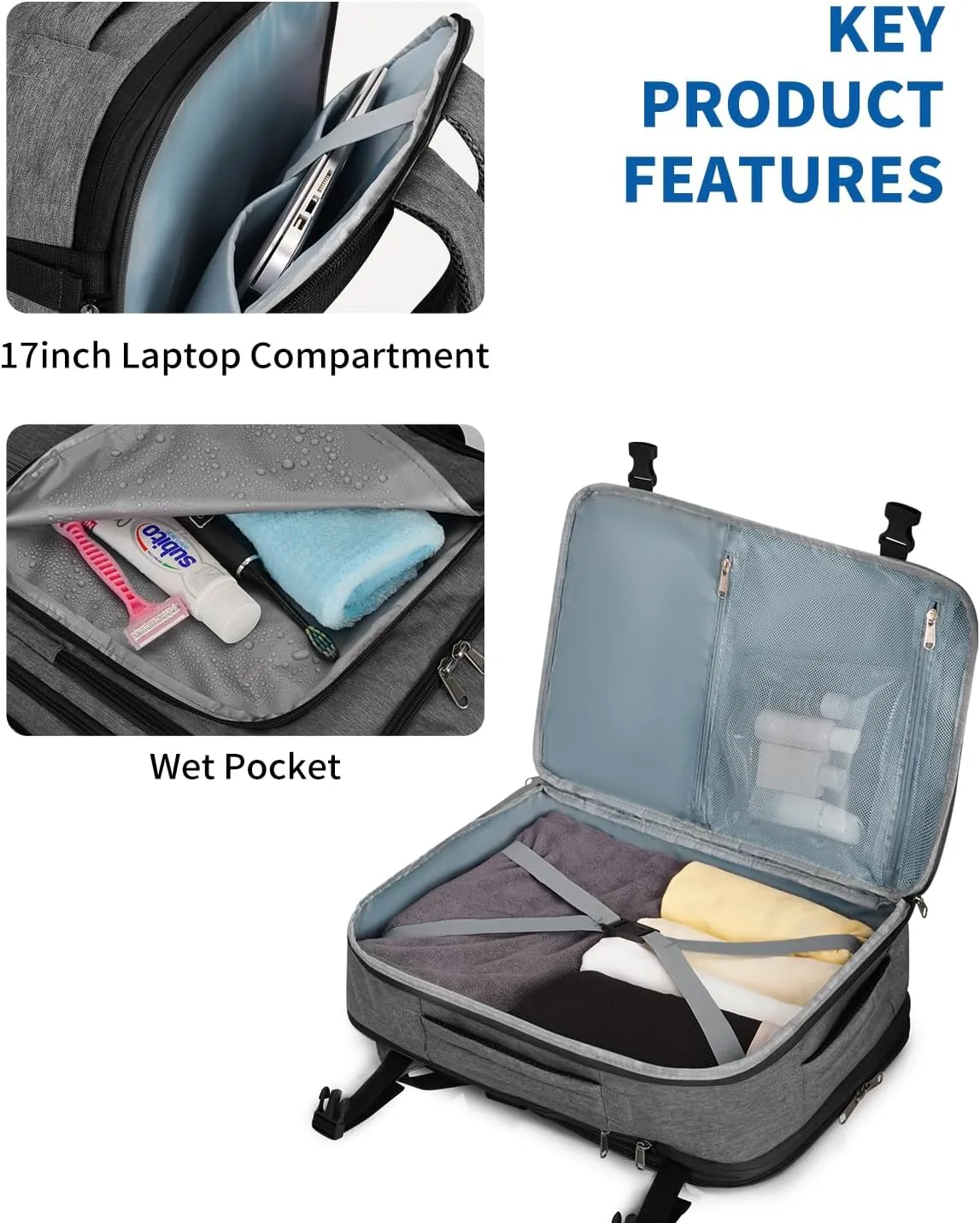 WANDF Expandable 17 Inch Laptop Travel Backpack For Spirit Airlines Personal Item Bag 18x14x8 with Wet Pocket for Men Women (Grayish Lead)